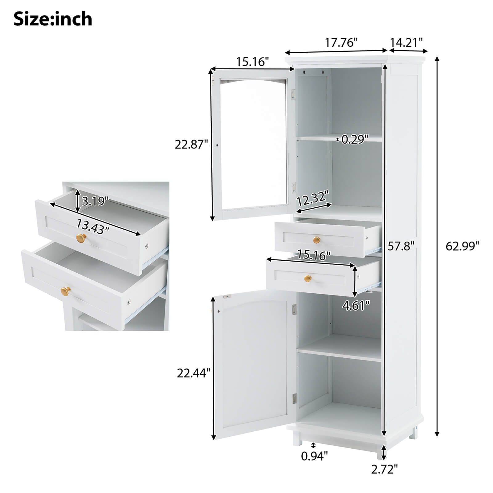 Overall dimensions specifications for a 63 inch tall white freestanding linen cabinet