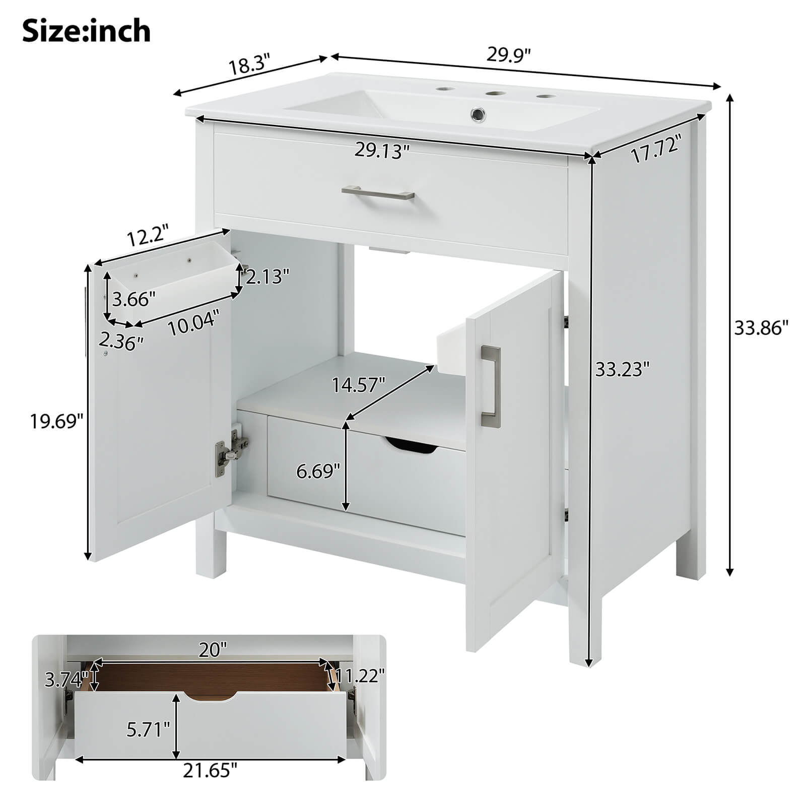 Overall dimensions specifications for the 30 inch modern white silk finish freestanding dressing table