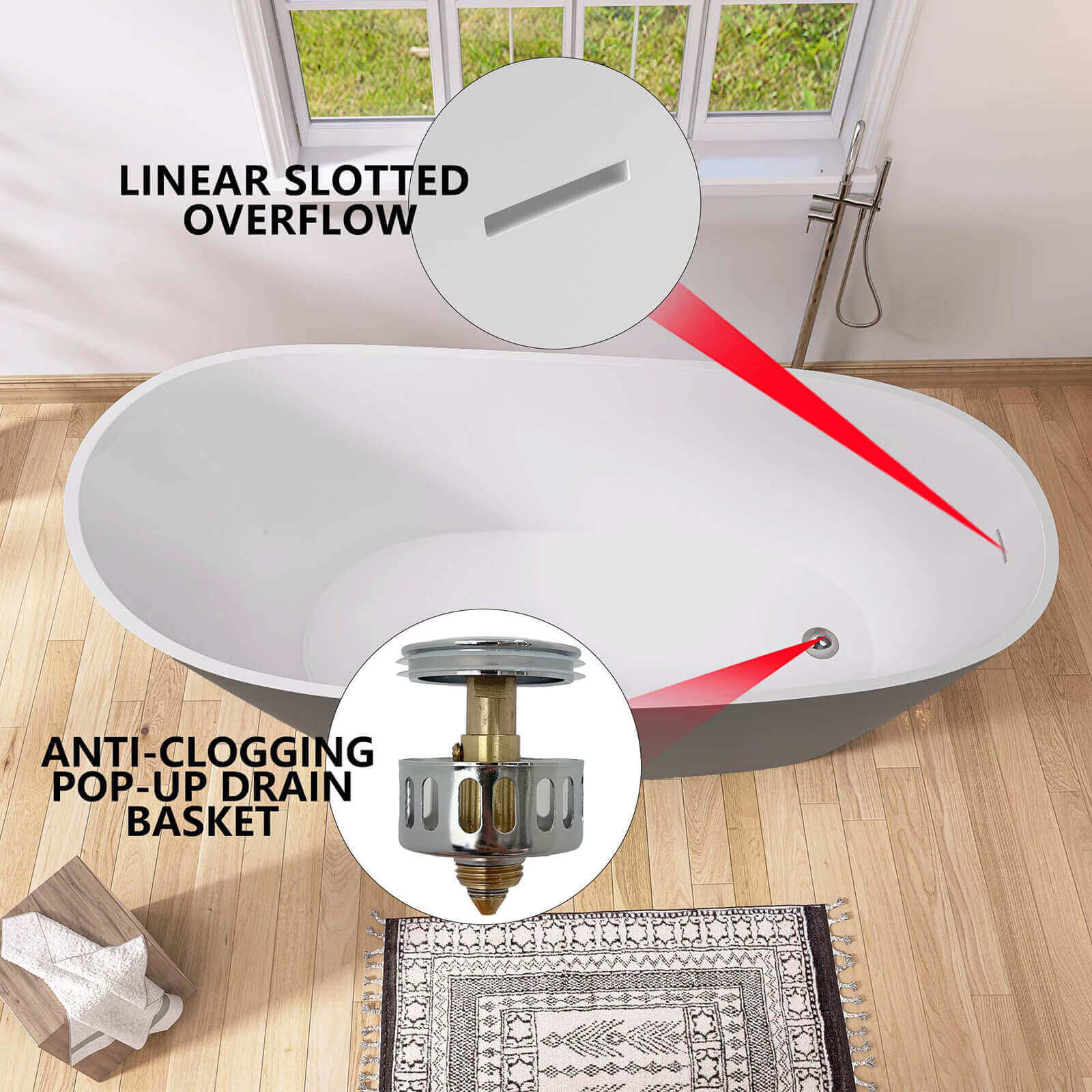 Overflow and outlet locations for 67" acrylic reversible single slipper bathtub