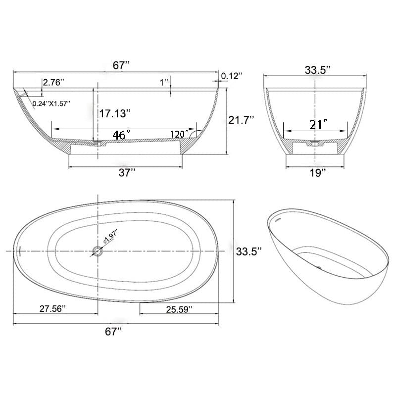 67'' Solid Surface Stone Resin Modern Egg Shaped Freestanding Soaking Bathtub with Overflow