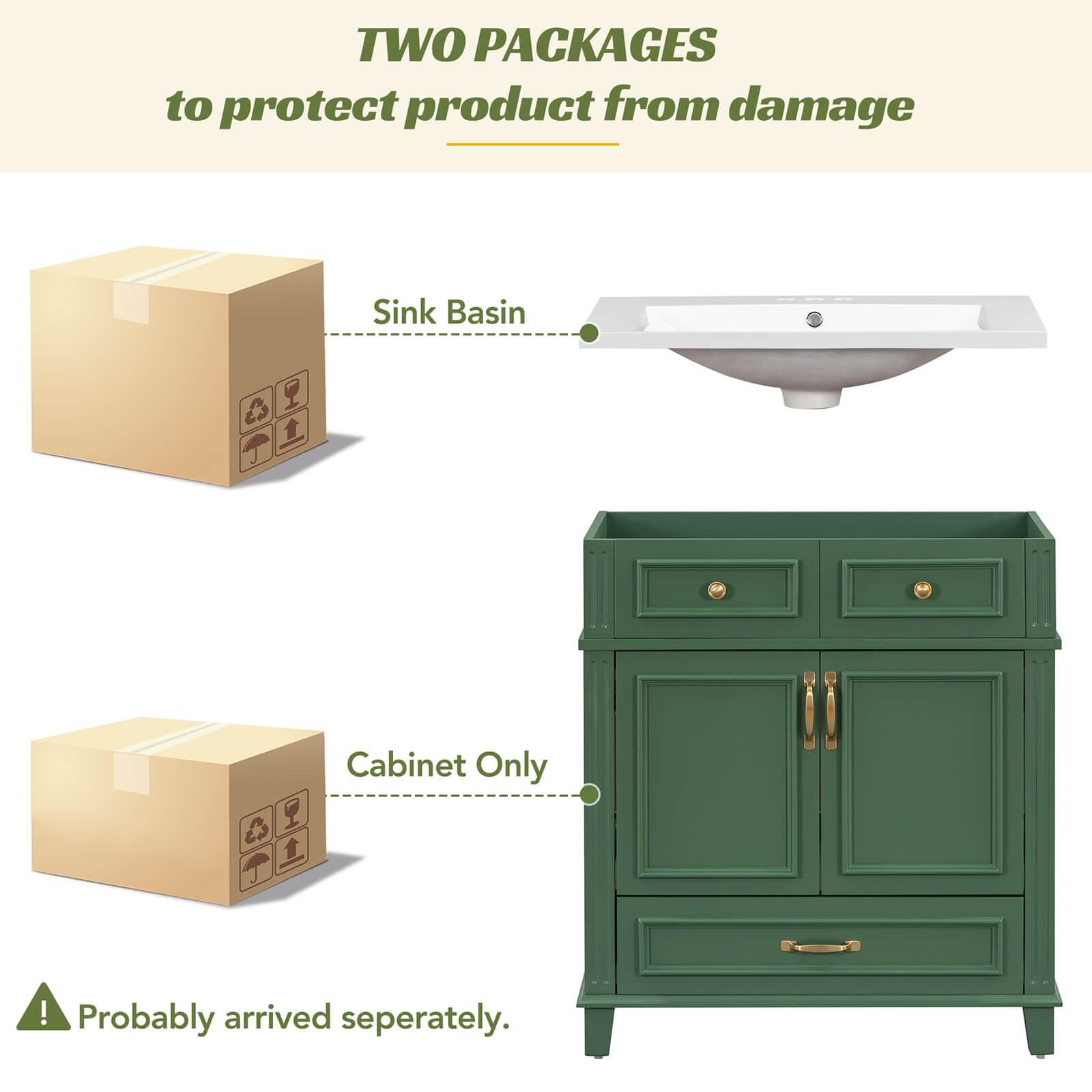 Package drawing of 30 inch green single sink bathroom vanity with bottom drawer
