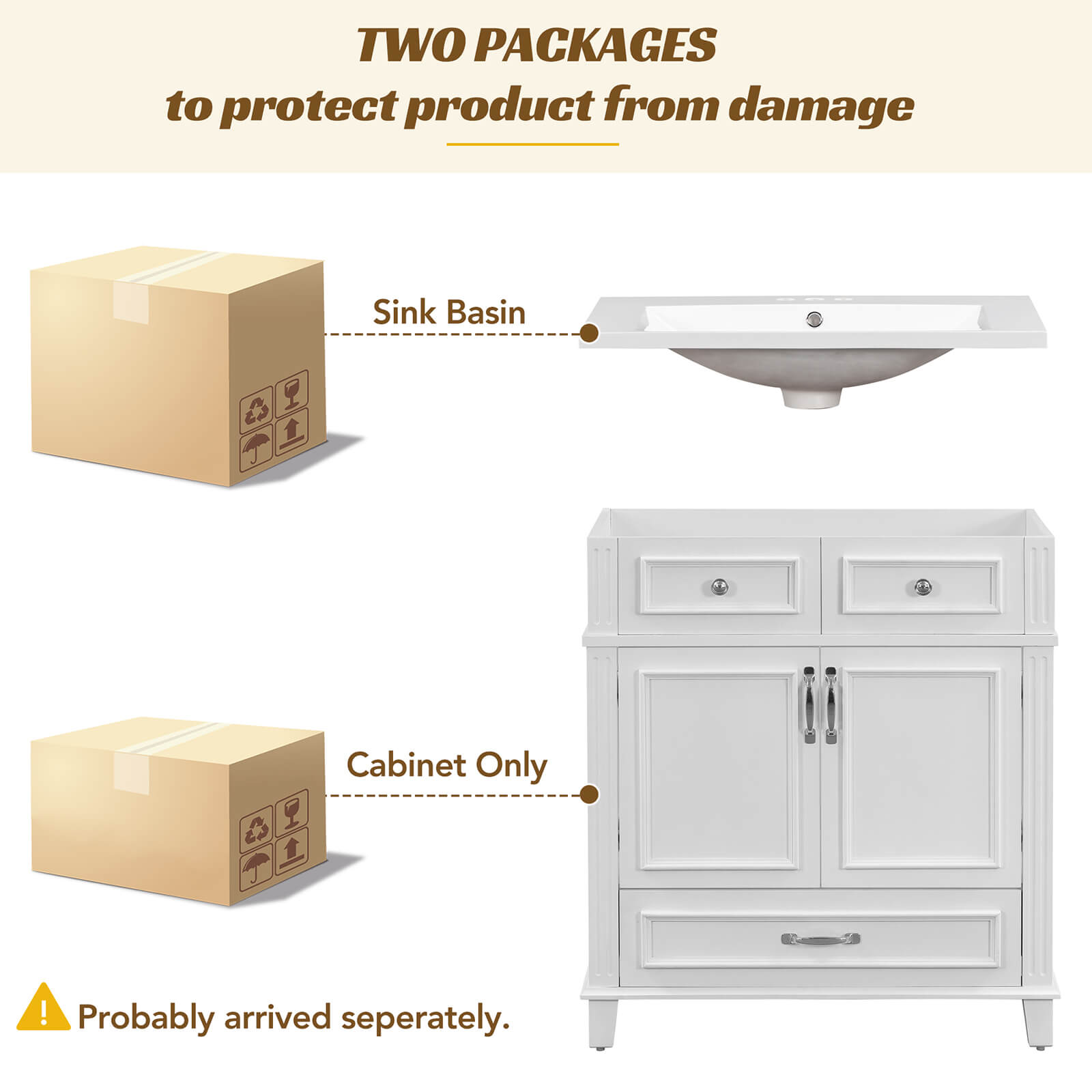 Package drawing of 30 inch white single sink bathroom vanity with bottom drawer