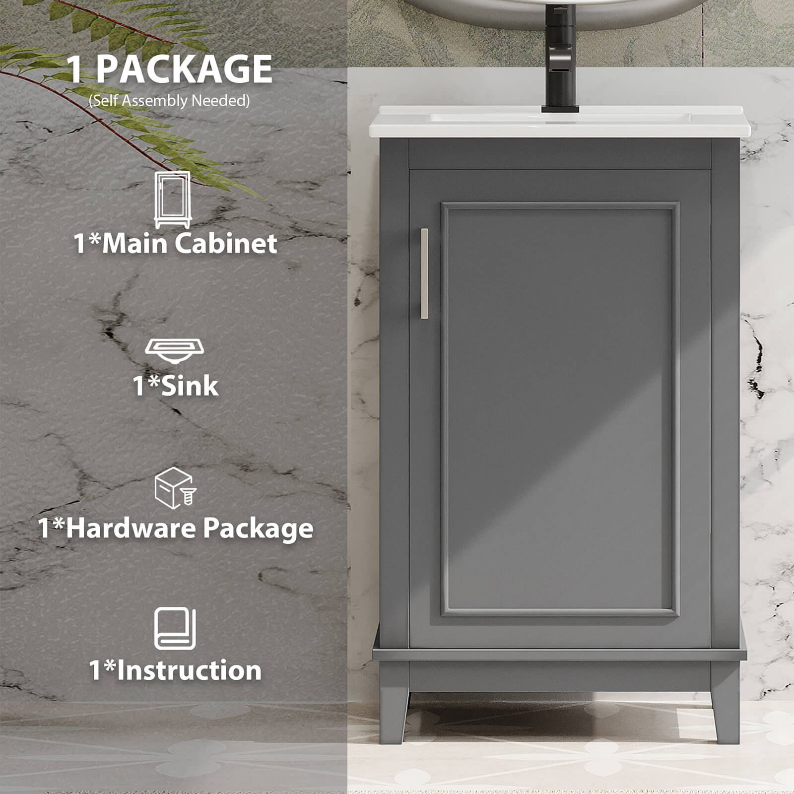 Package Diagram for 20 Inch Gray Single Door Bathroom Vanity