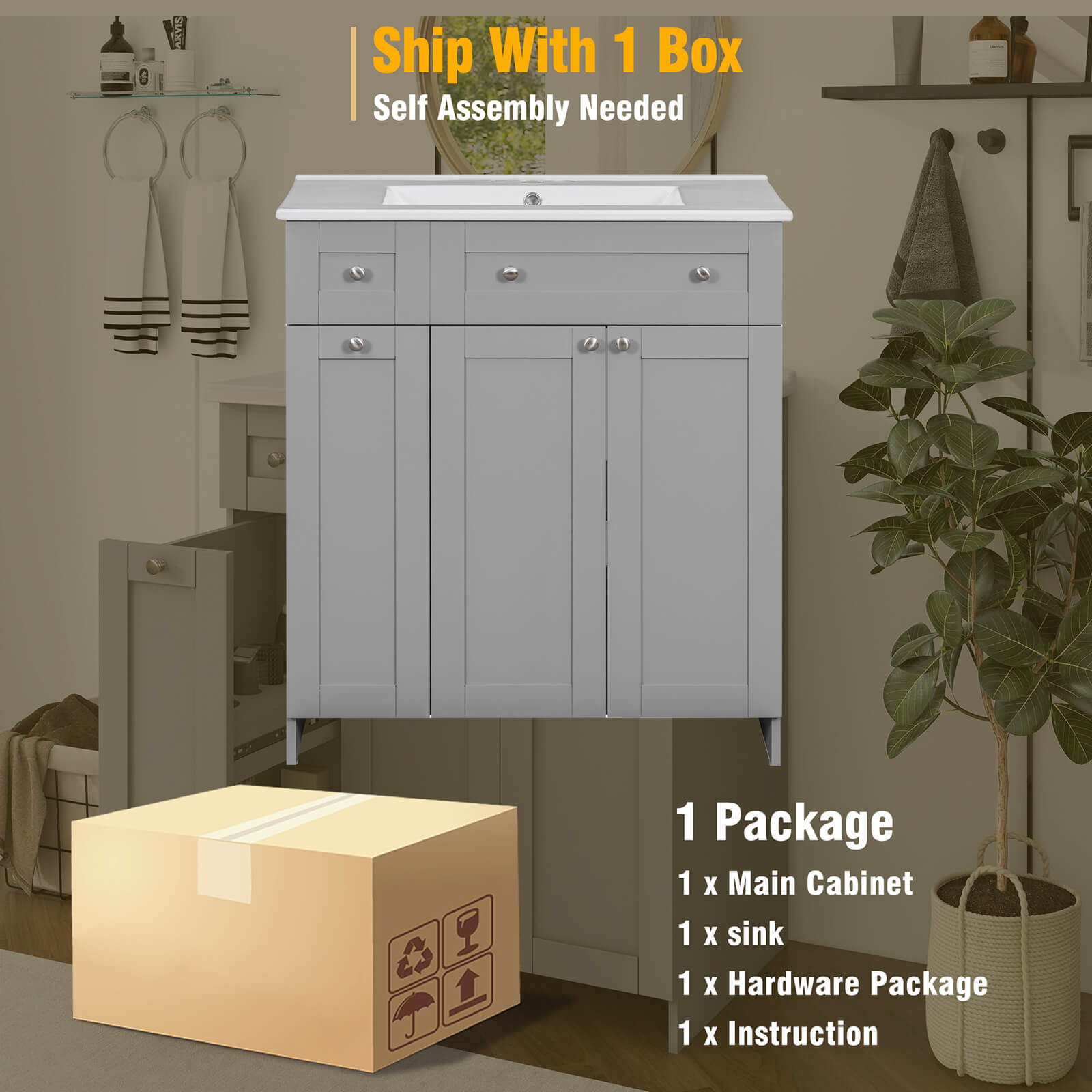 Package Diagram of 30 inch Grey Bathroom Vanity with Soft Close Door