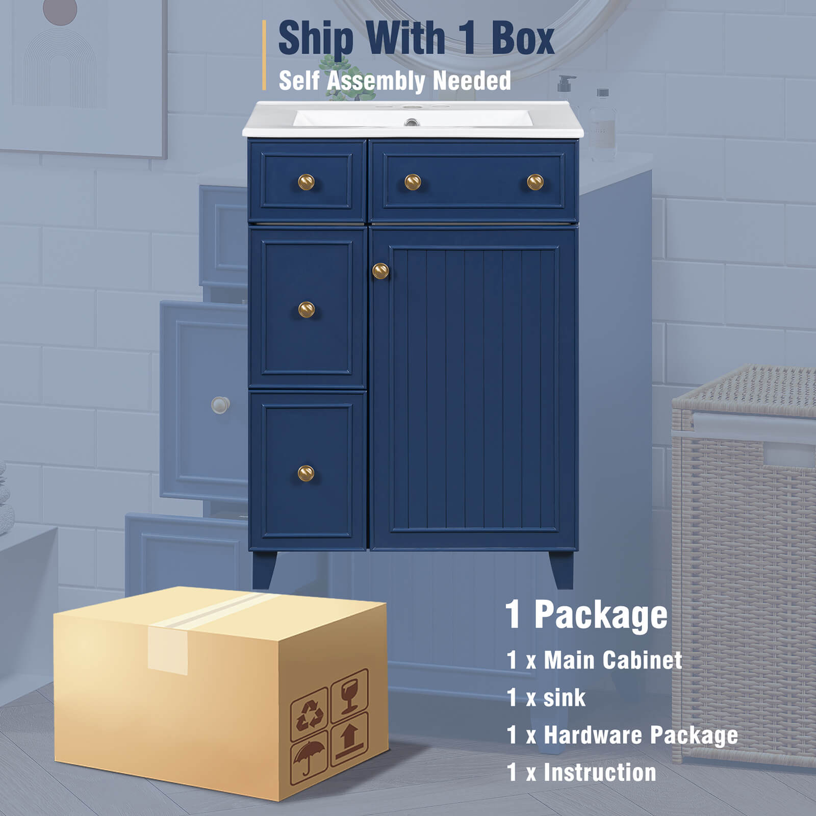 Package diagram of a 24 inch small navy blue bathroom vanity with 2 drawers