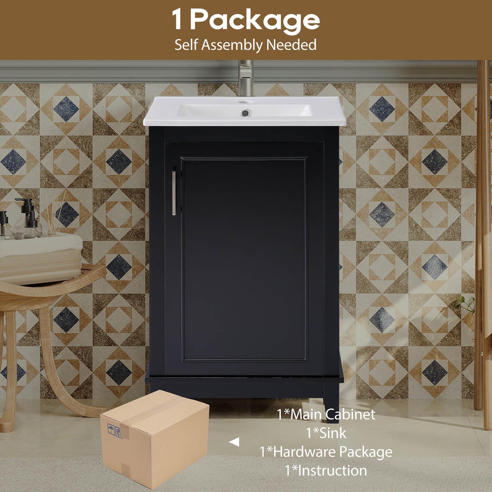 Package drawing of 20 inch black single door bathroom vanity
