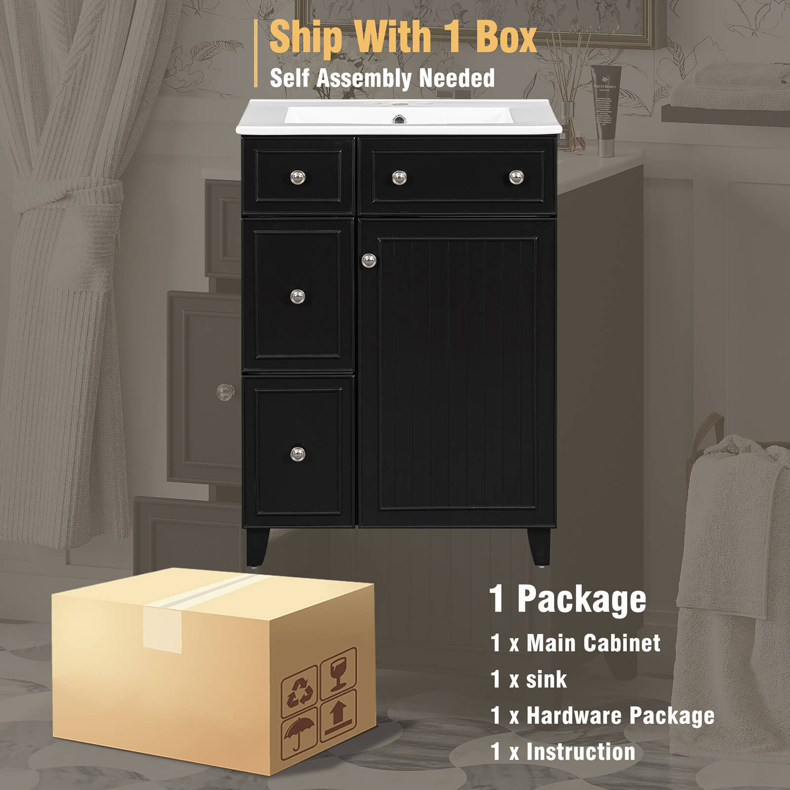 Package drawing of 24 inch small black bathroom vanity with 2 drawers