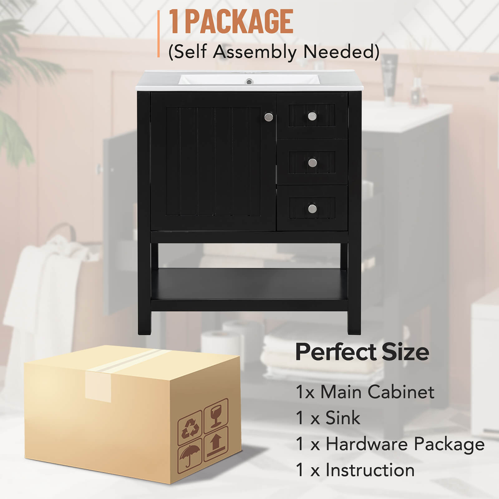 Package drawing of 30 inch black freestanding bathroom vanity with open shelves