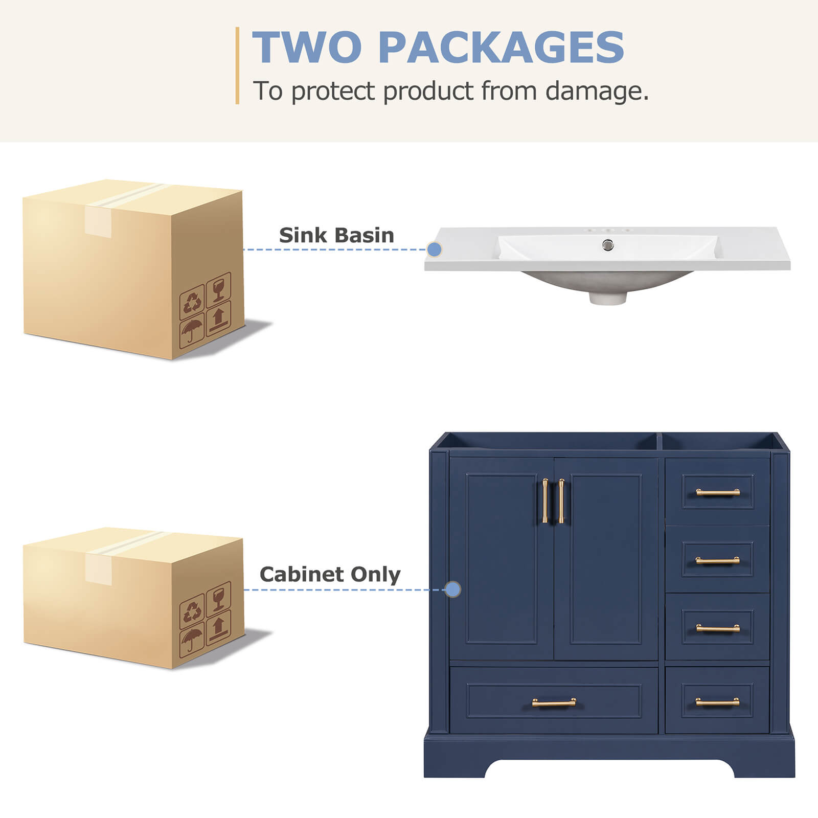 Packaged image of 36 inch traditional blue bathroom vanity with resin sink