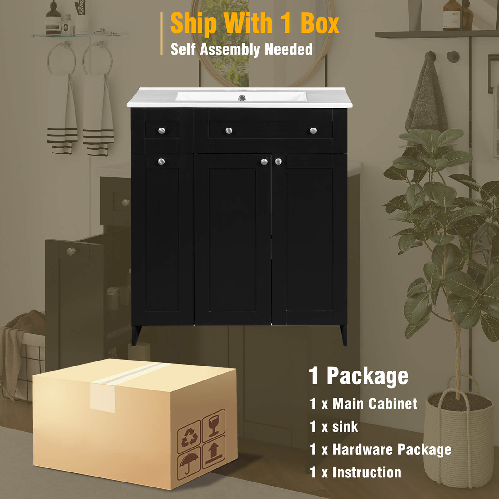 Packaging diagram of 30-inch black bathroom vanity with soft-close door design
