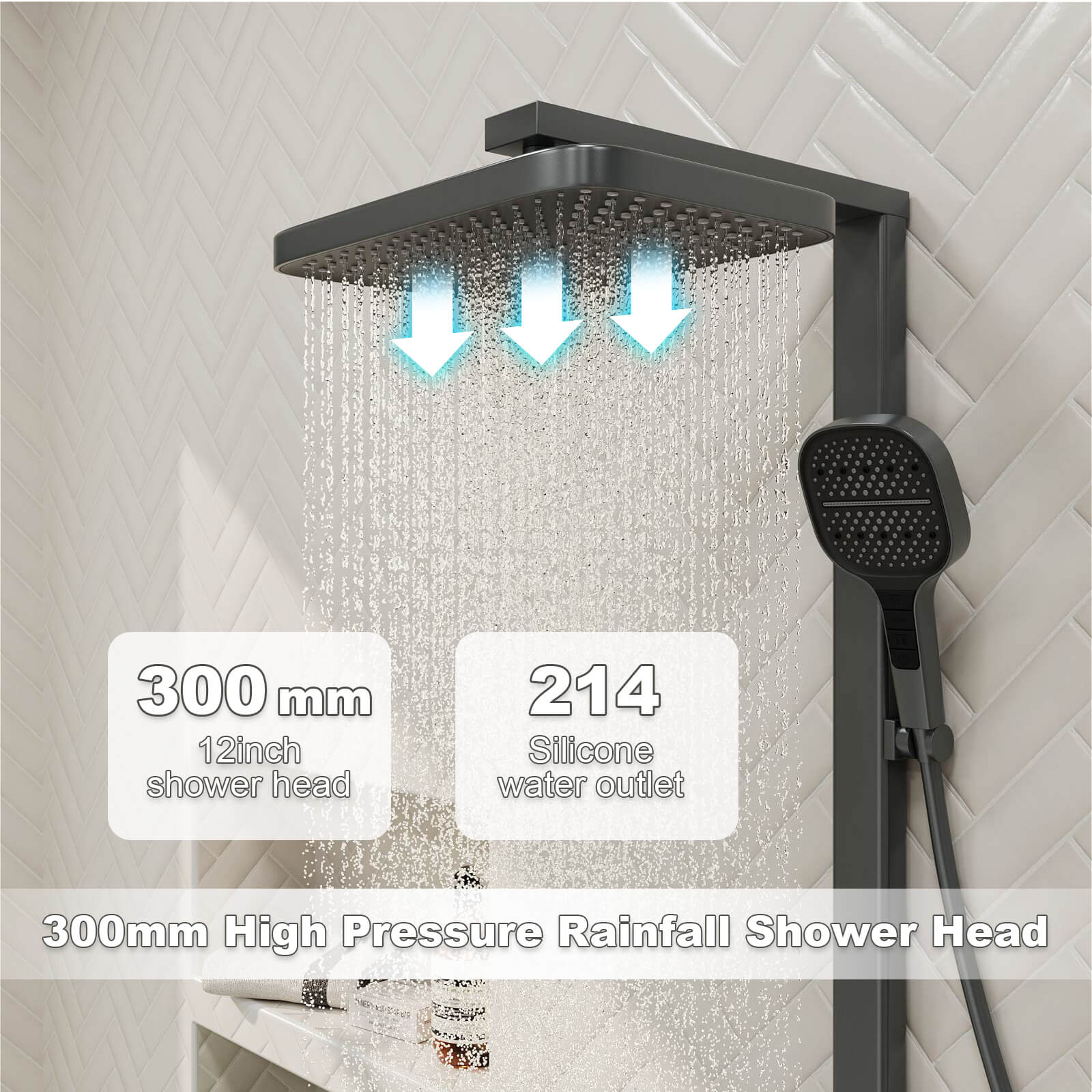 12" Thermostatic Shower System with Piano Key Digital Display Ambient Lights, Tub Spout, Hand Shower, Bidet Sprayer