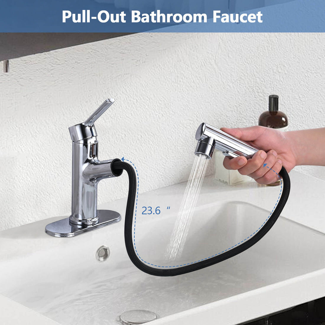 Pull-out bathroom faucet with 23.6 inch hose