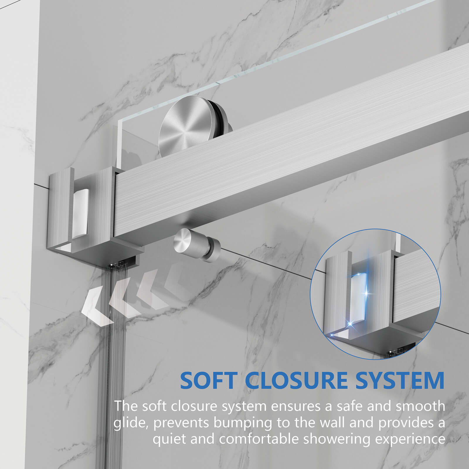 Quiet glide system shower door rollers close up
