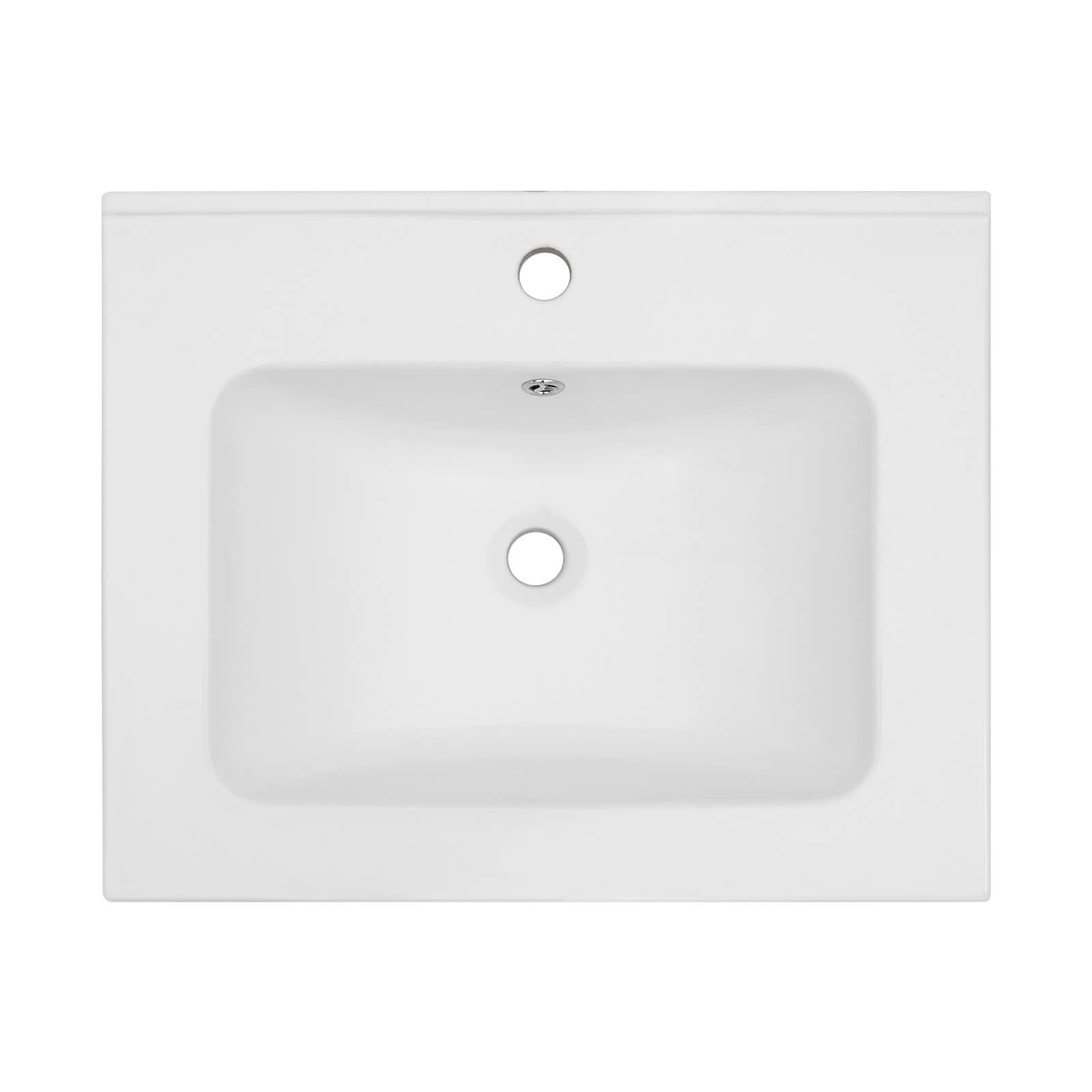 Rectangular ceramic vanity sink featuring seamless counter and basin