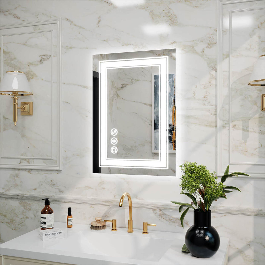 Rectangular LED bathroom mirror with double border and left-side touch controls reflecting marble wall