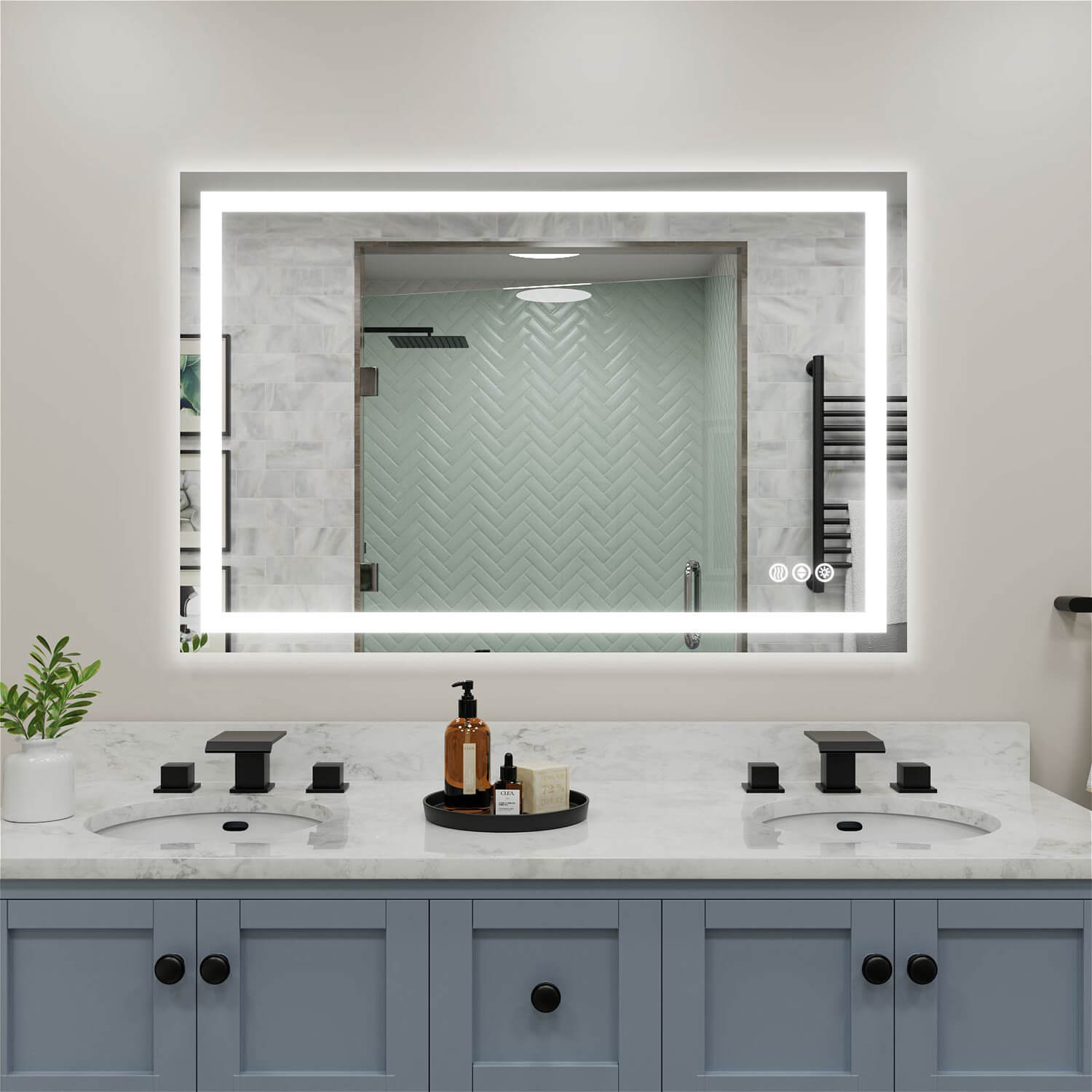 Rectangular LED bathroom mirror with glowing edge and touch control buttons on the right