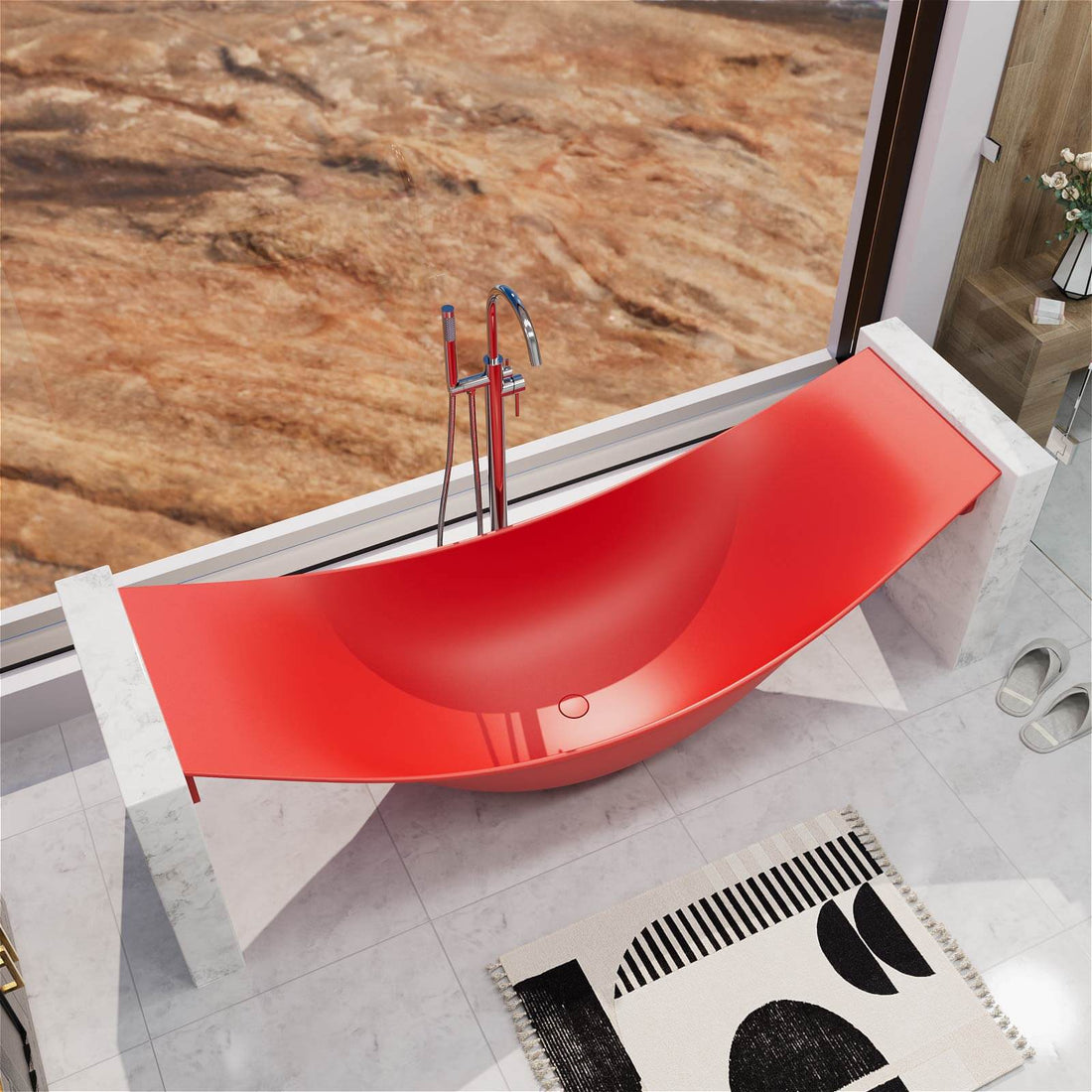 Red resin bathtub appearing to float above the floor