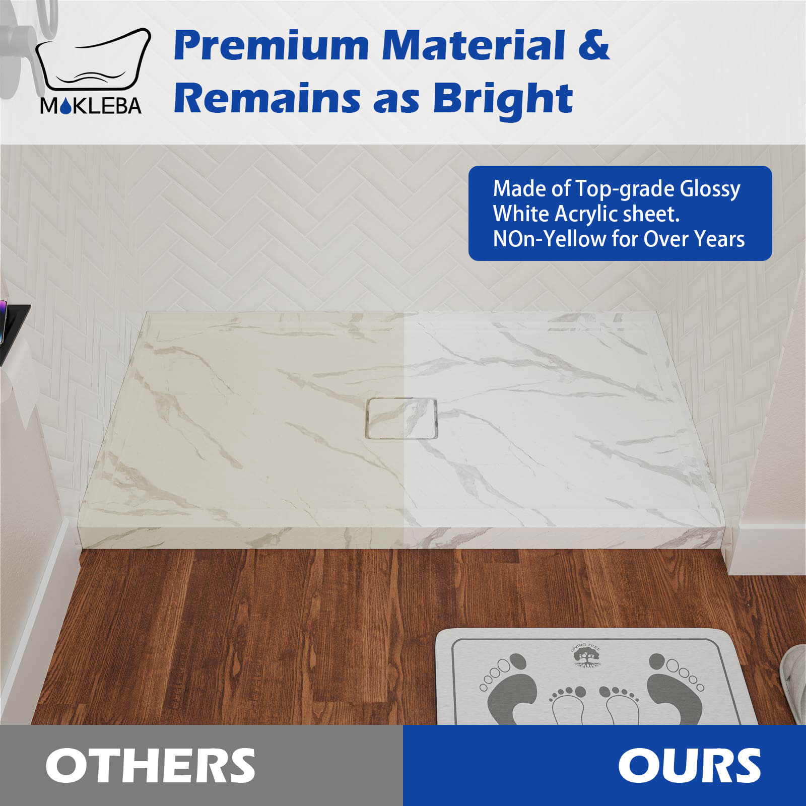 Reinforced acrylic shower base resistant to cracking and fading