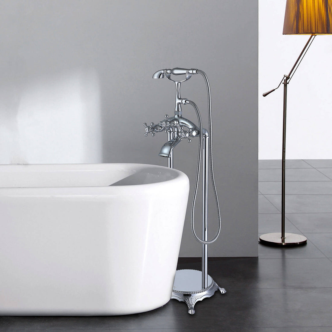 Retro chrome tub filler with hand shower and solid brass construction