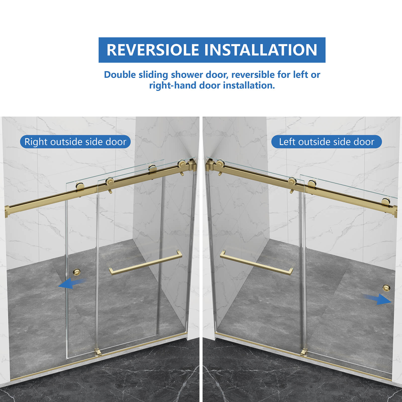 Reversible opening shower door with golden rails