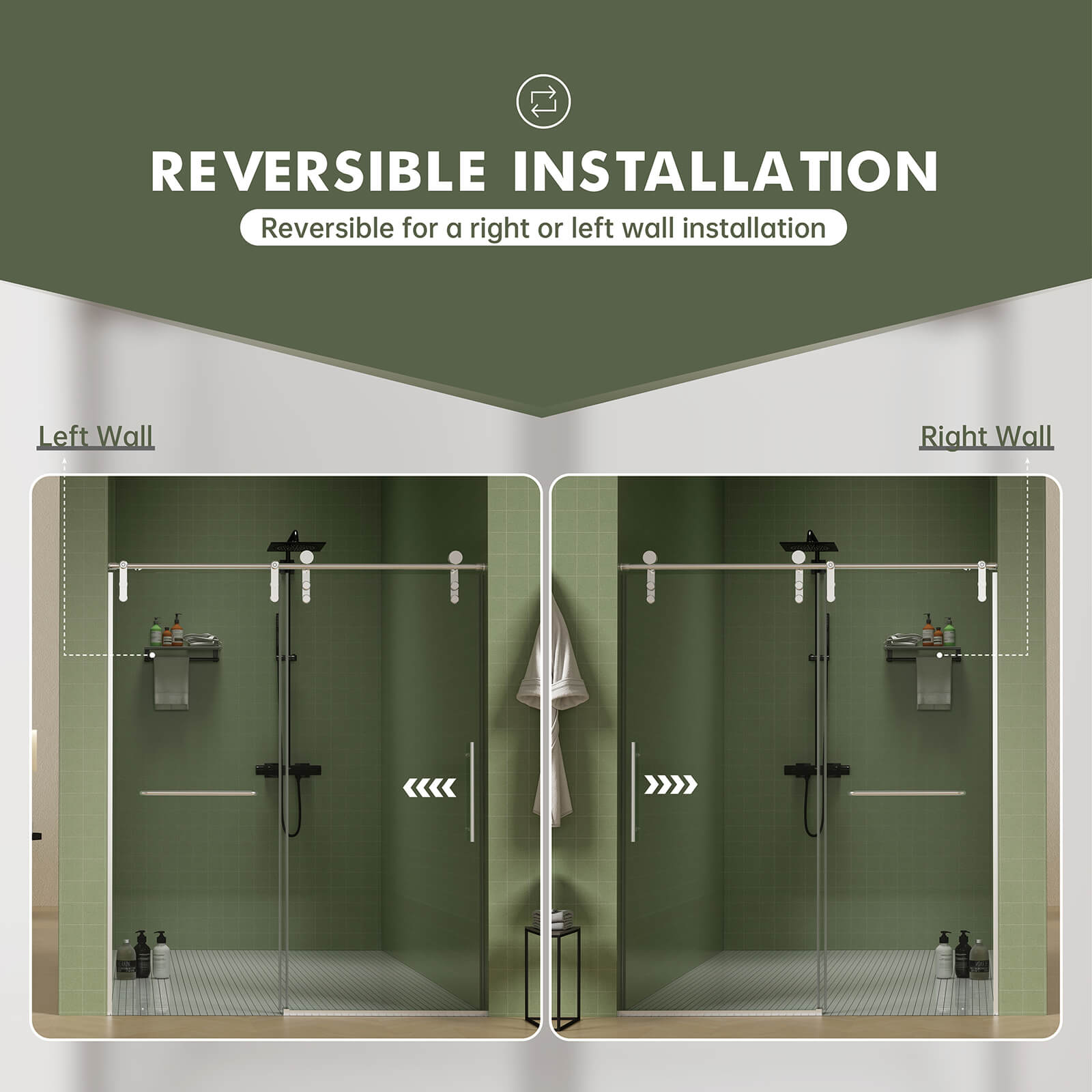 Reversible sliding shower door with stainless steel hardware