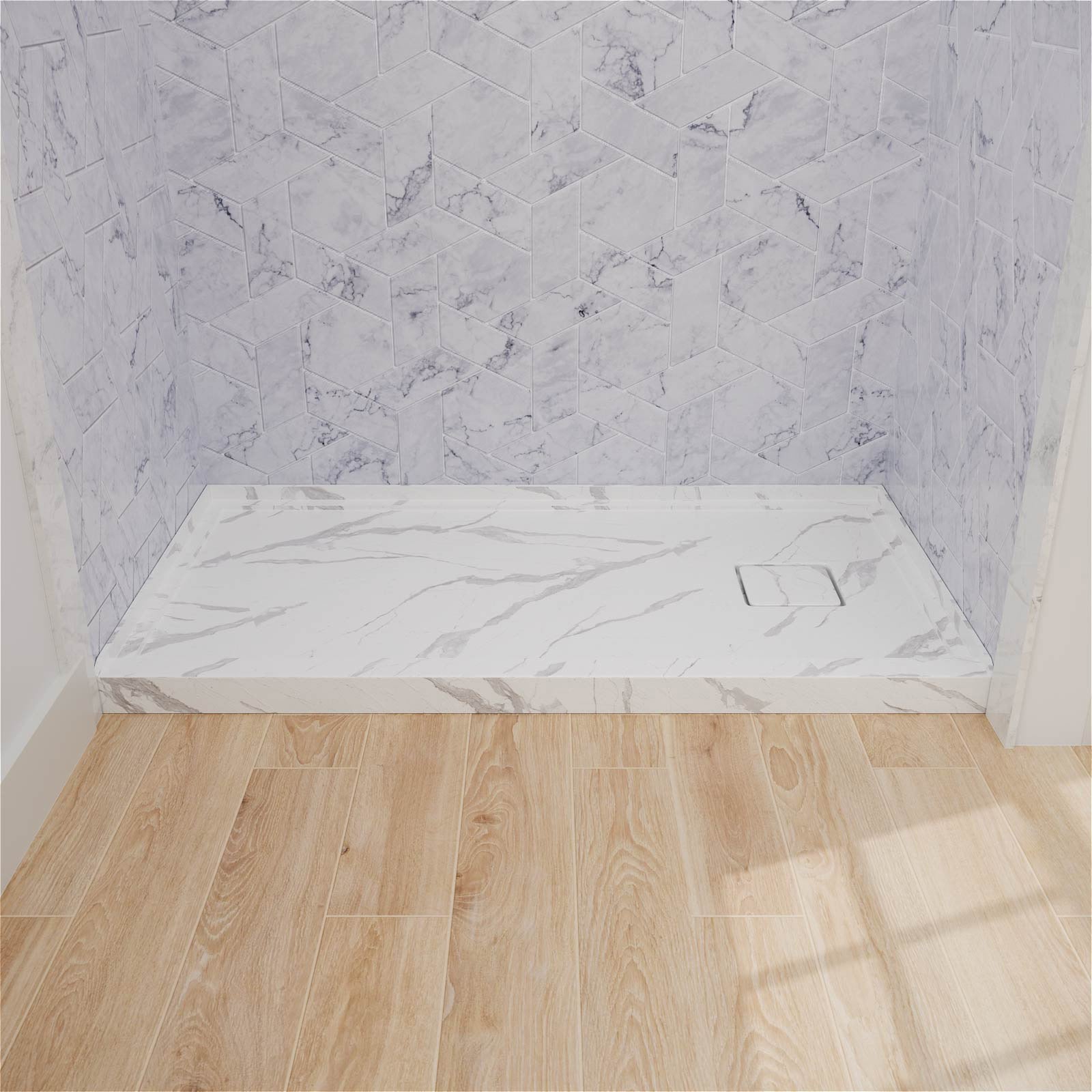 Right drain shower pan featuring elegant stone style pattern