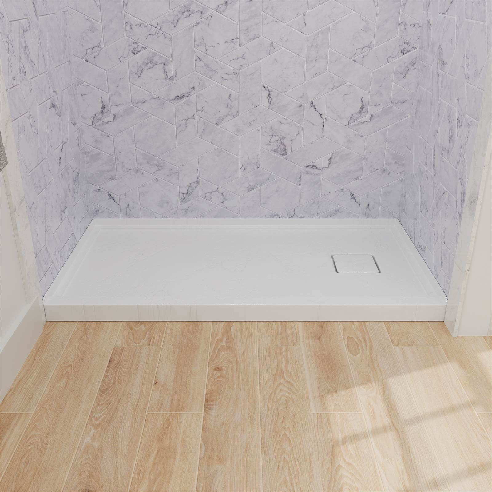 Right drain white acrylic shower pan with clean modern design