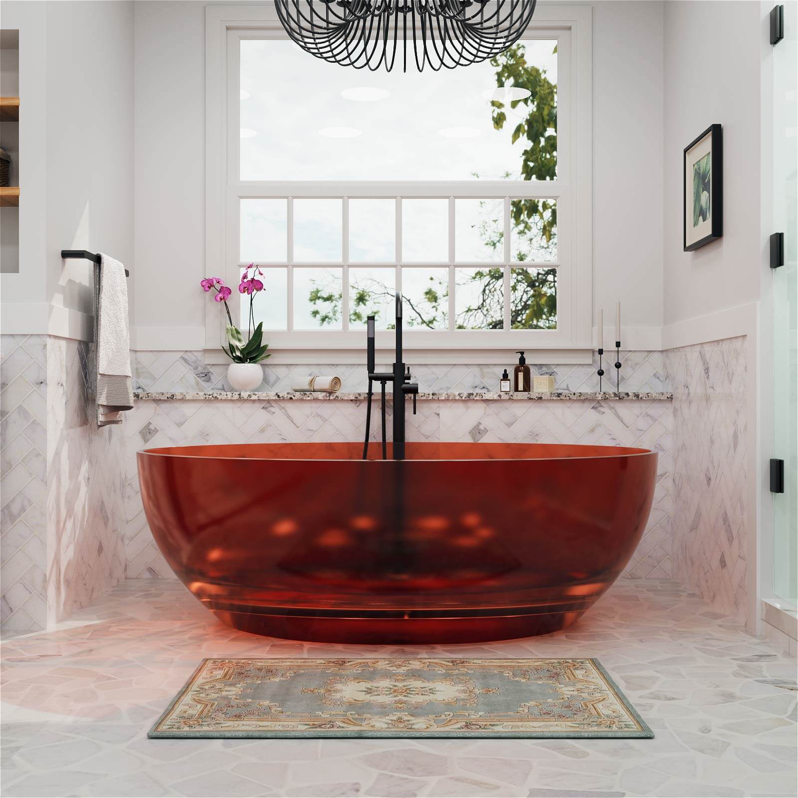 Romantic resin tub in vibrant red for intimate baths