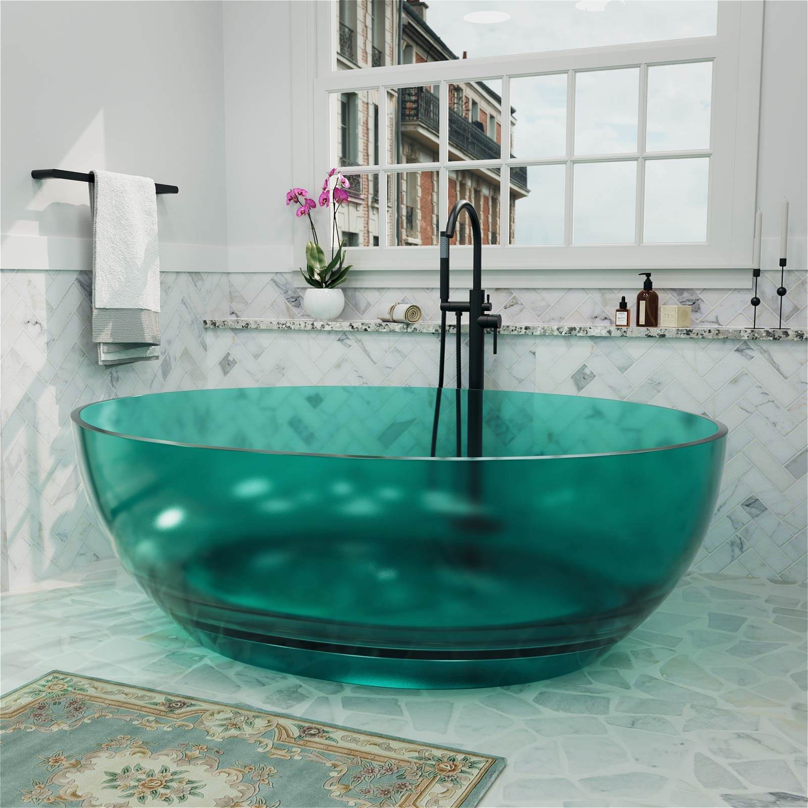 Romantic round resin tub with deep immersion