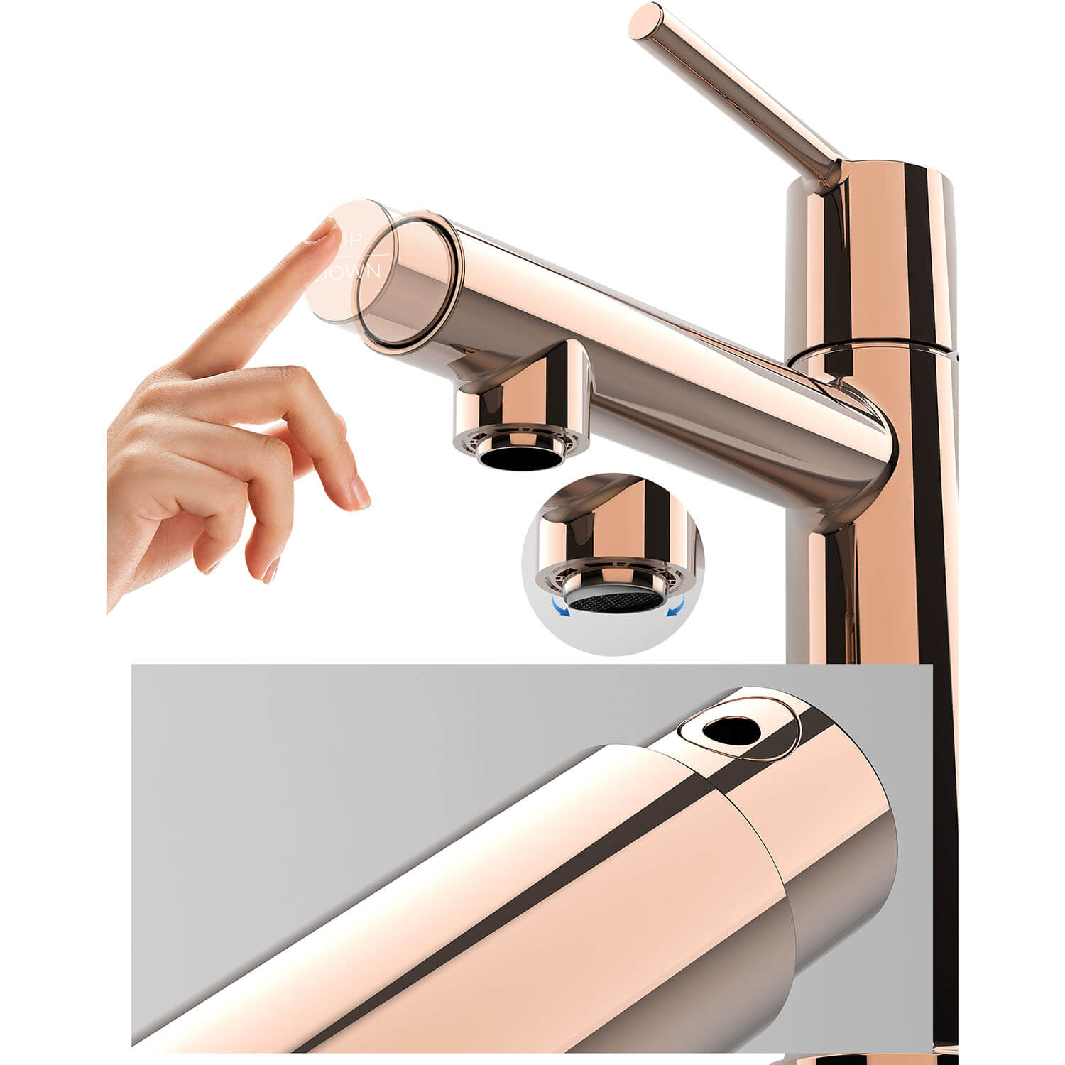 Rose Gold Single Handle Single Hole Bathroom Faucet with 2 water flow modes