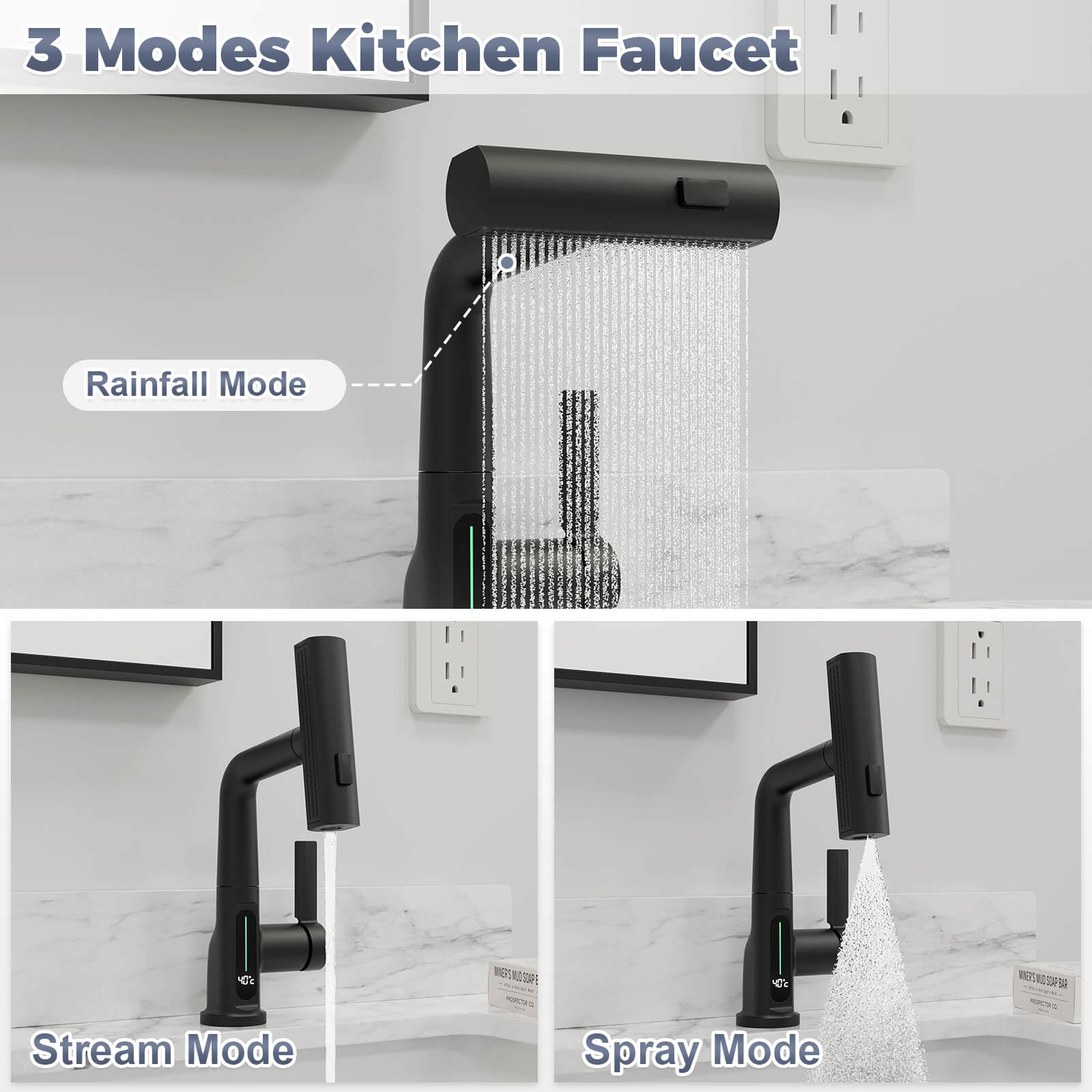 Rotatable and liftable basin faucet with three water modes