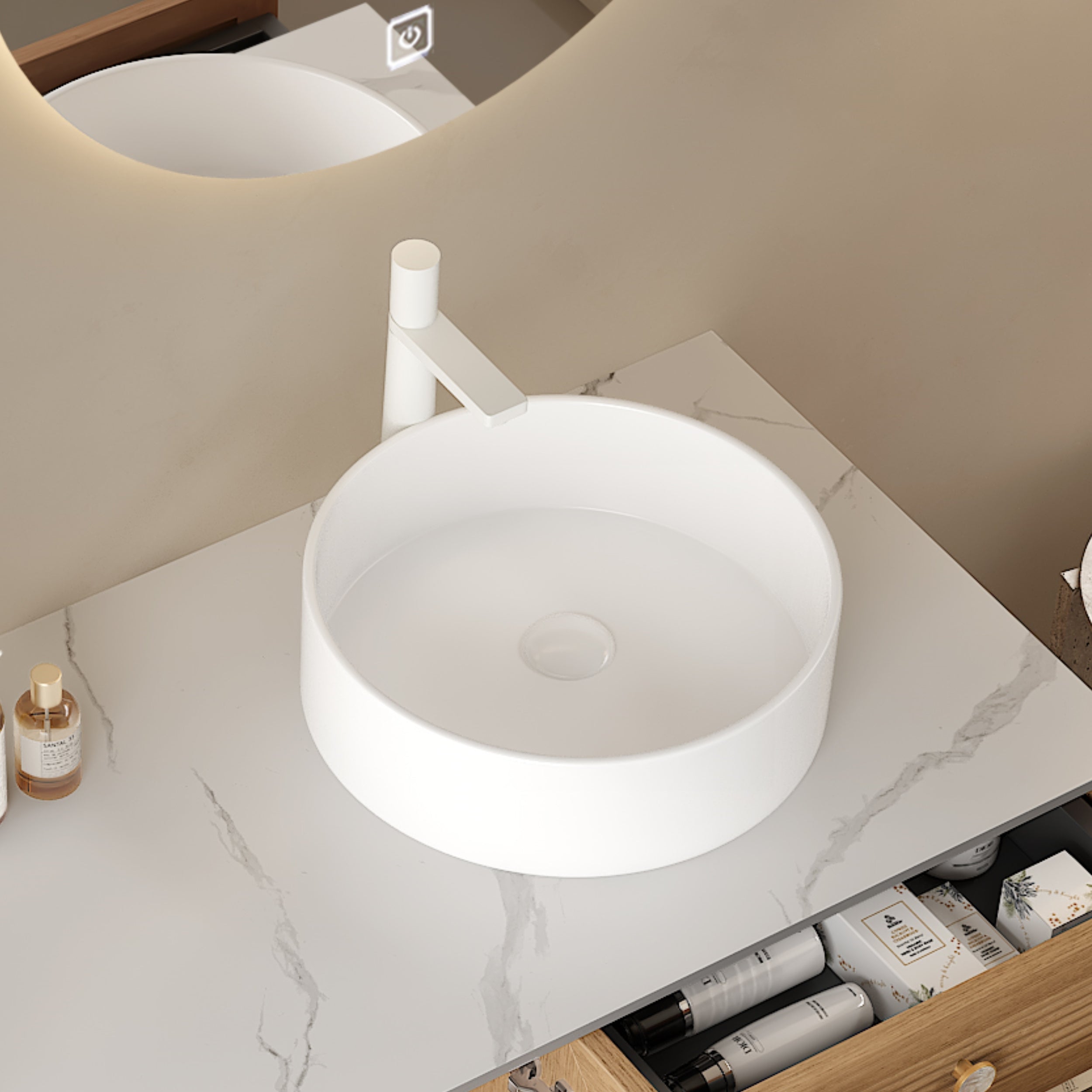 Round White Ceramic Above-Counter Vessel Bathroom Sink Integral Smooth Design Above-Counter Mount Central Drain