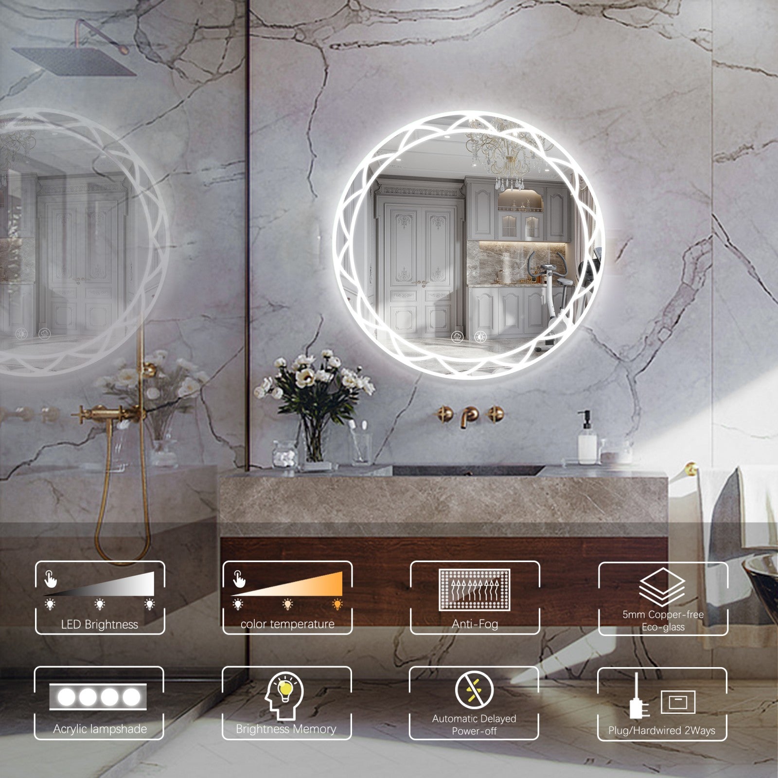 Round LED Mirror with Anti-Fog and Adjustable Brightness