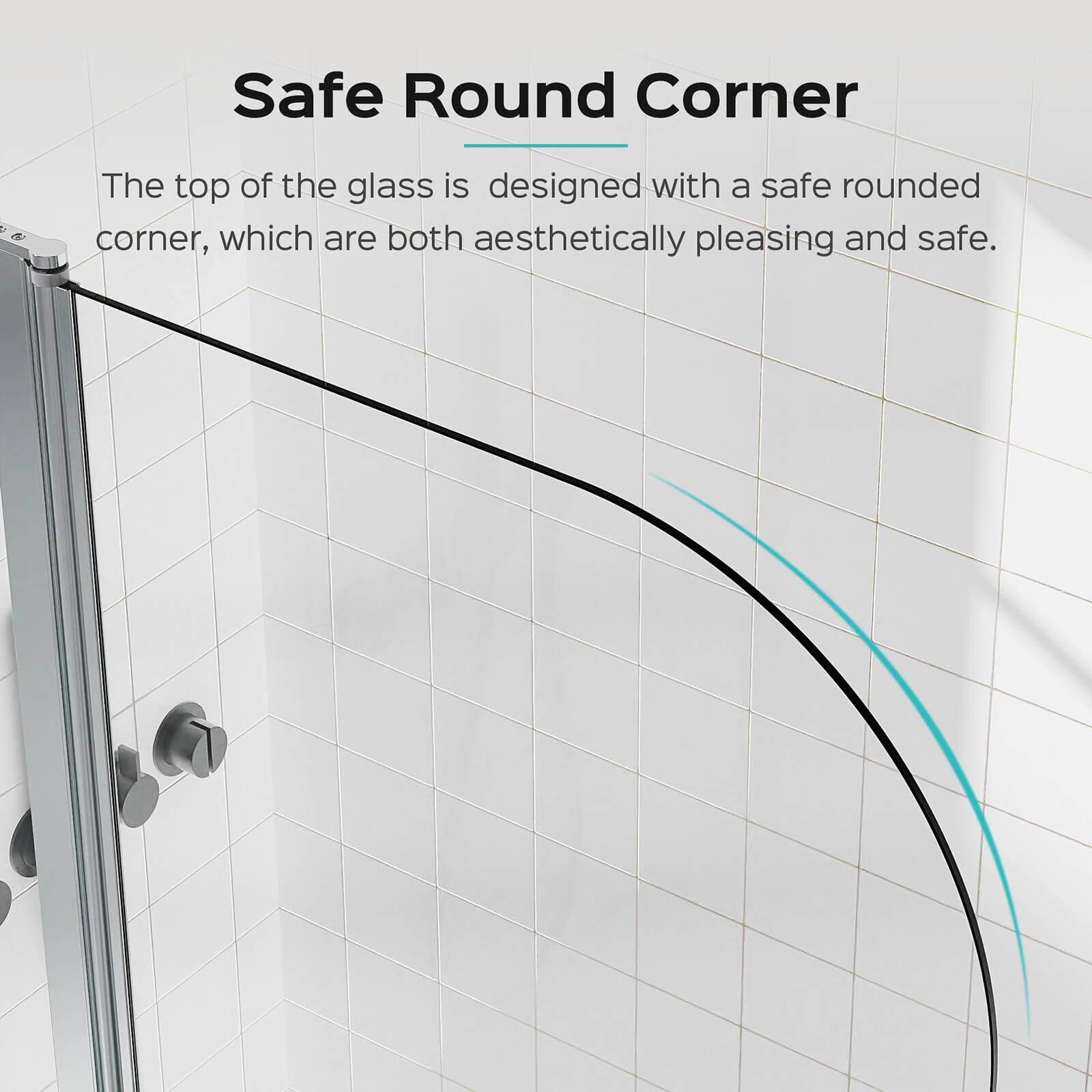 Rounded corner glass shower door for enhanced safety