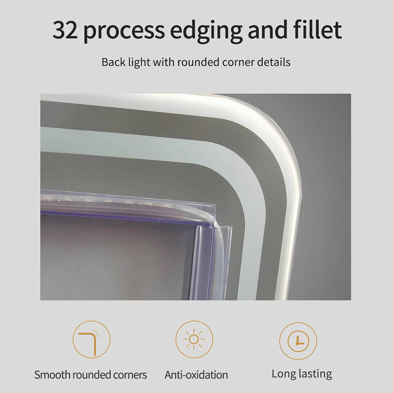 Rounded corner full length mirror with 32 process edging
