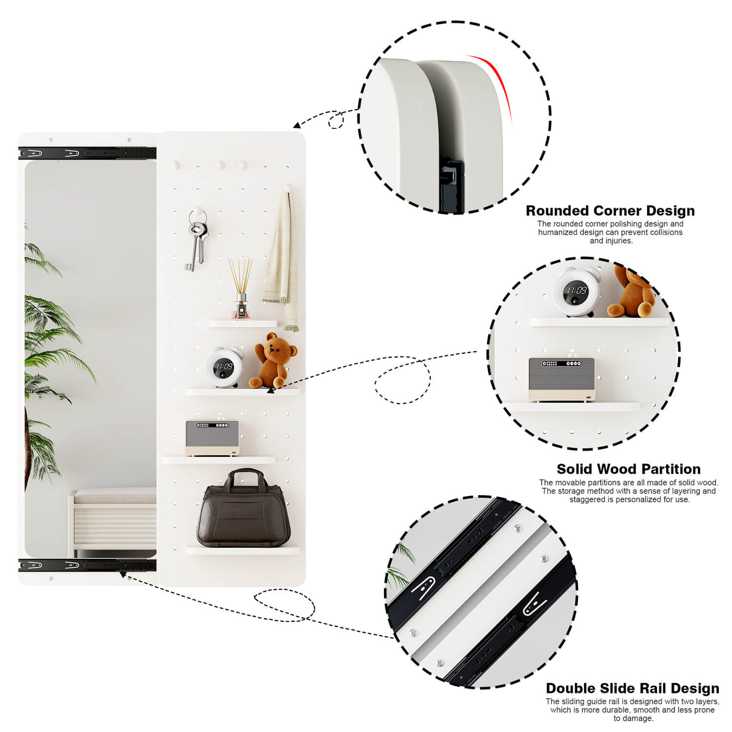 Safety focused mirror with rounded corners solid wood shelves and dual slides