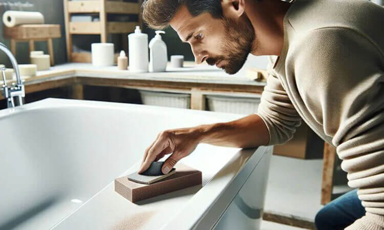 Sanding a solid surface bathtub back to white