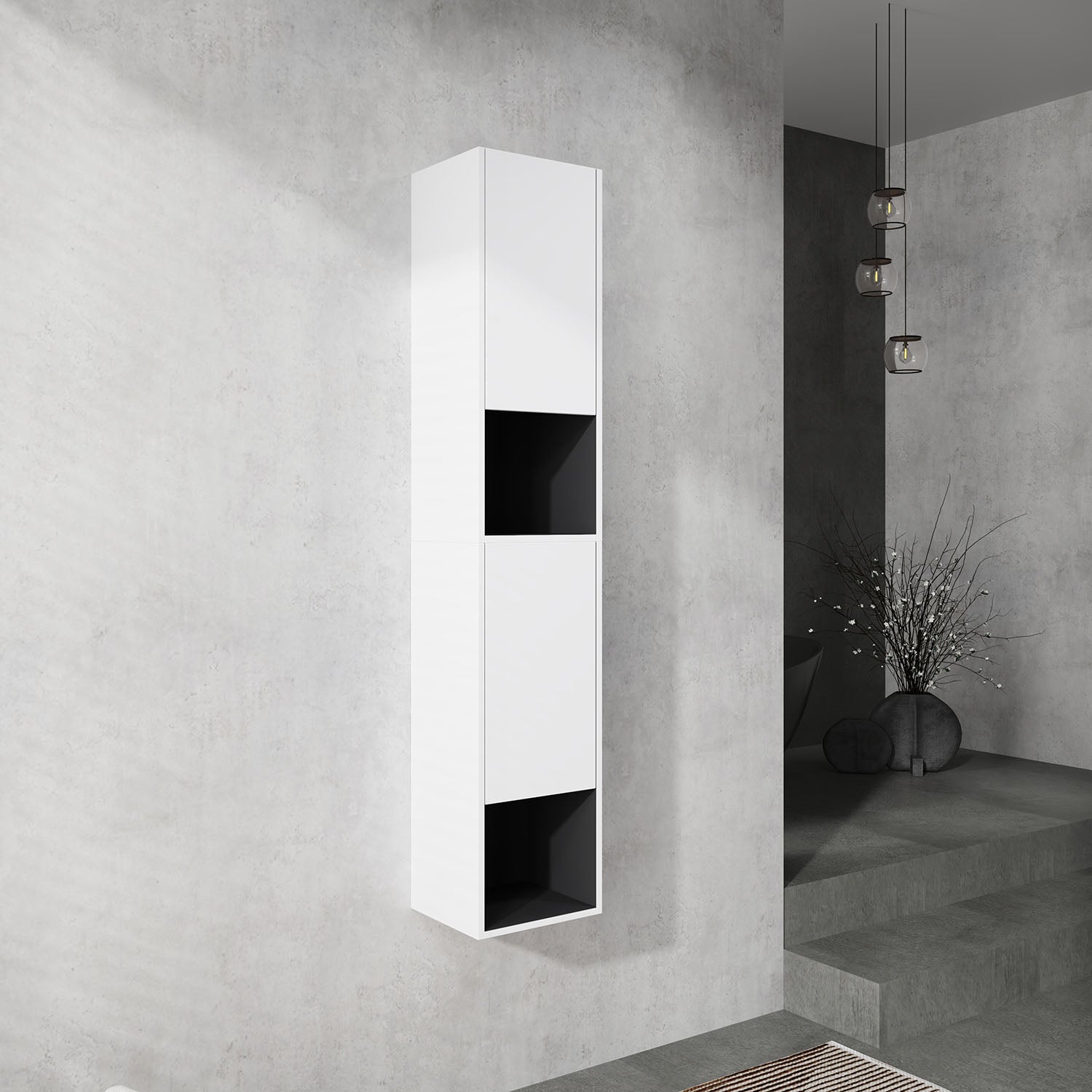 Scene display of 24 inch White Bathroom Wall Cabinet with Soft Close Doors and Open Shelves