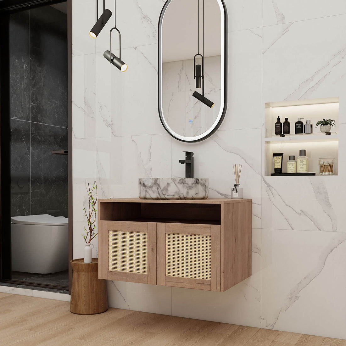 Scene display of 30 inch White Oak Floating Vanity