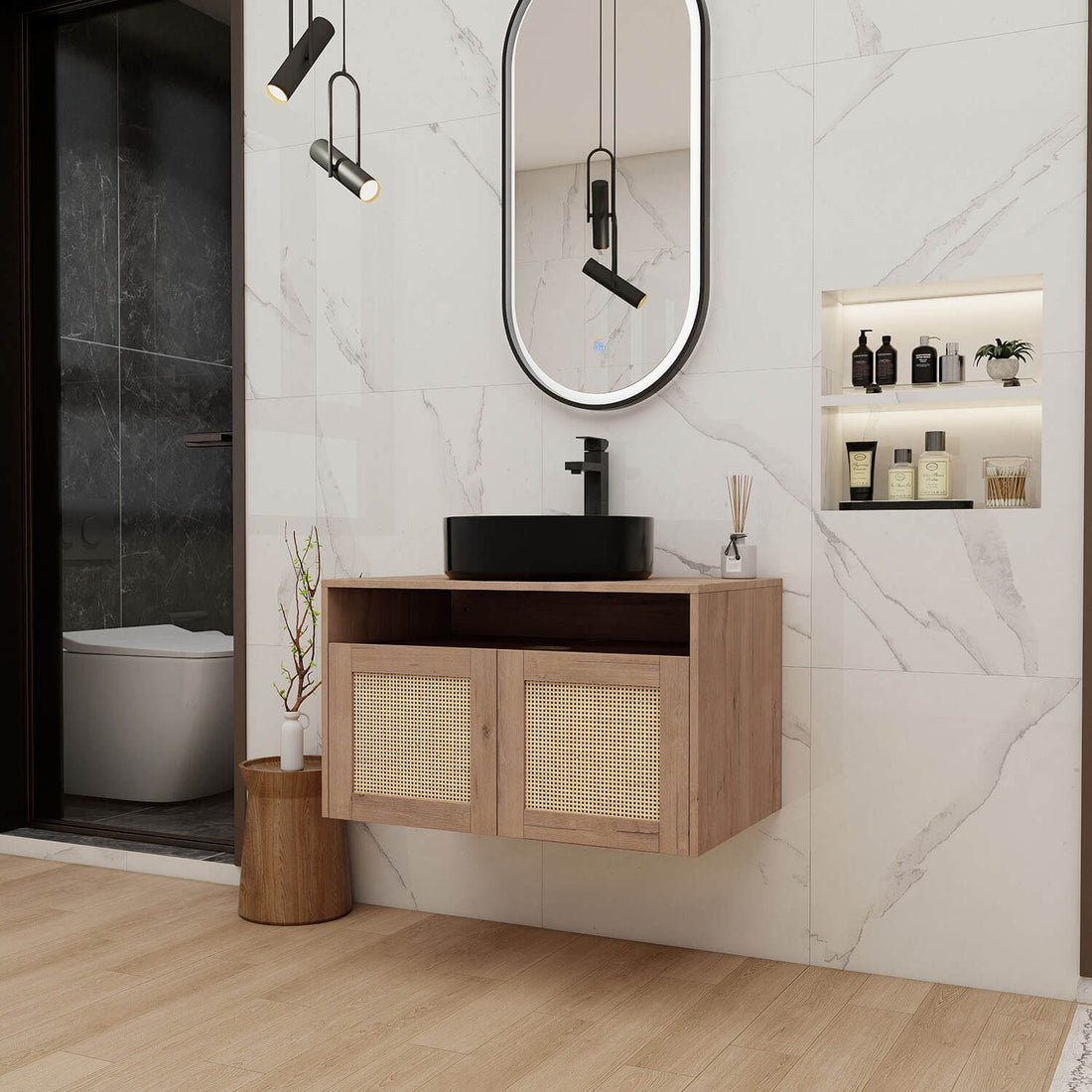Scene display of 30 inch White Oak Floating Vanity with Black Ceramic Sink
