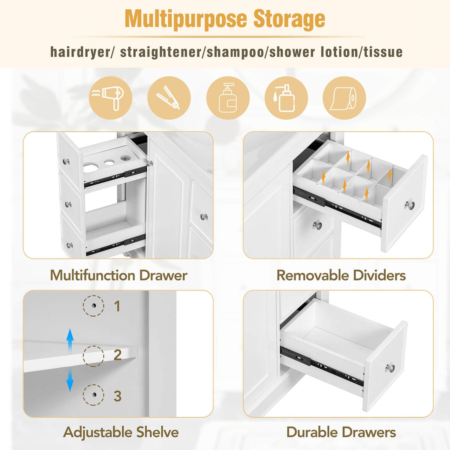 Schematic diagram of the interior of a 36 inch white bathroom vanity with hair dryer storage rack