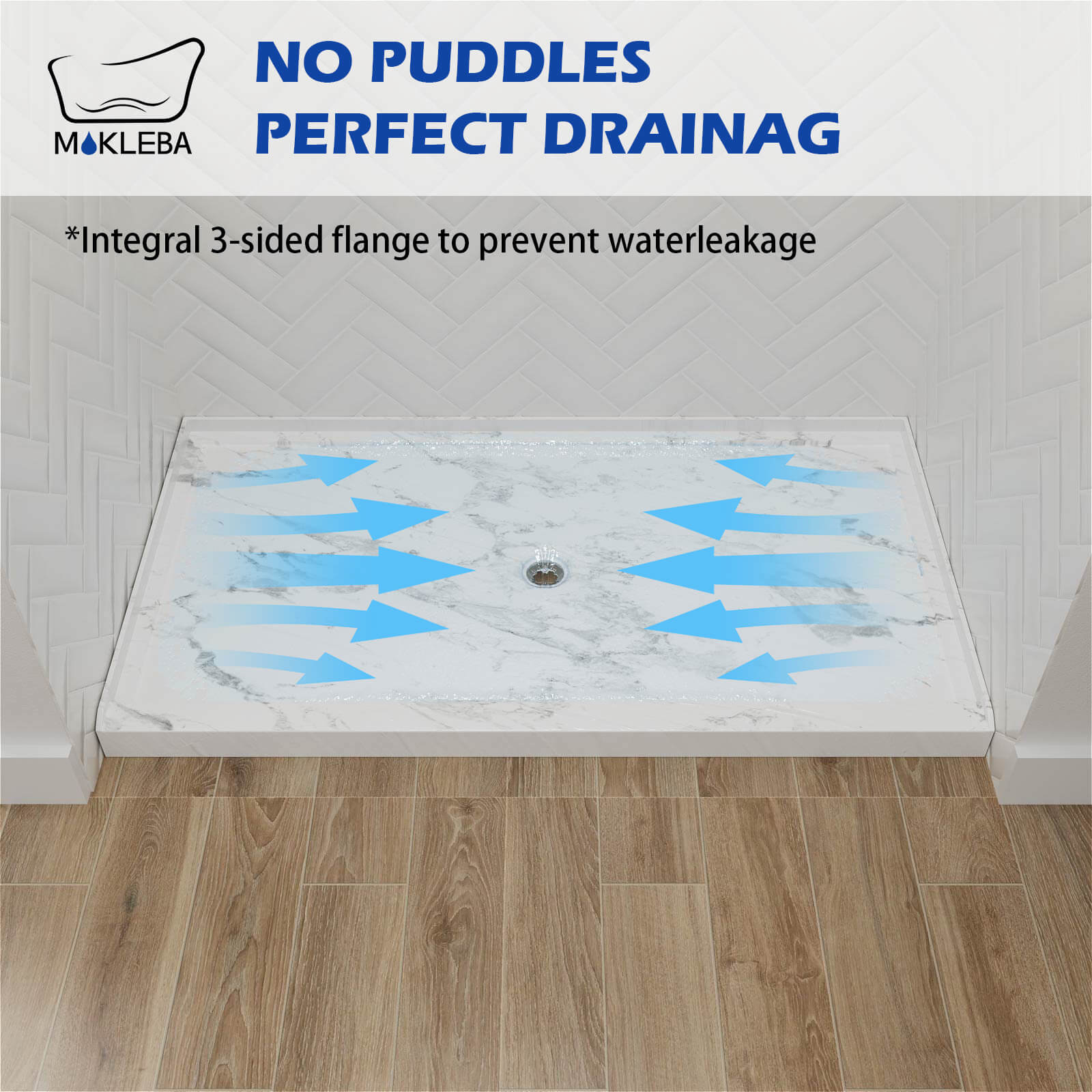 Shower base with 3-sided flange structure and center drain for efficient water flow