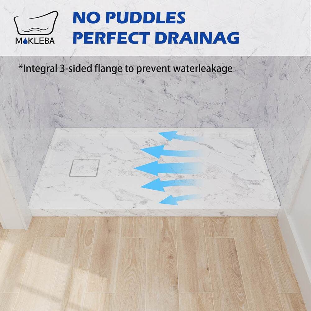 Shower base with integrated 3-sided flange designed to help prevent water leakage