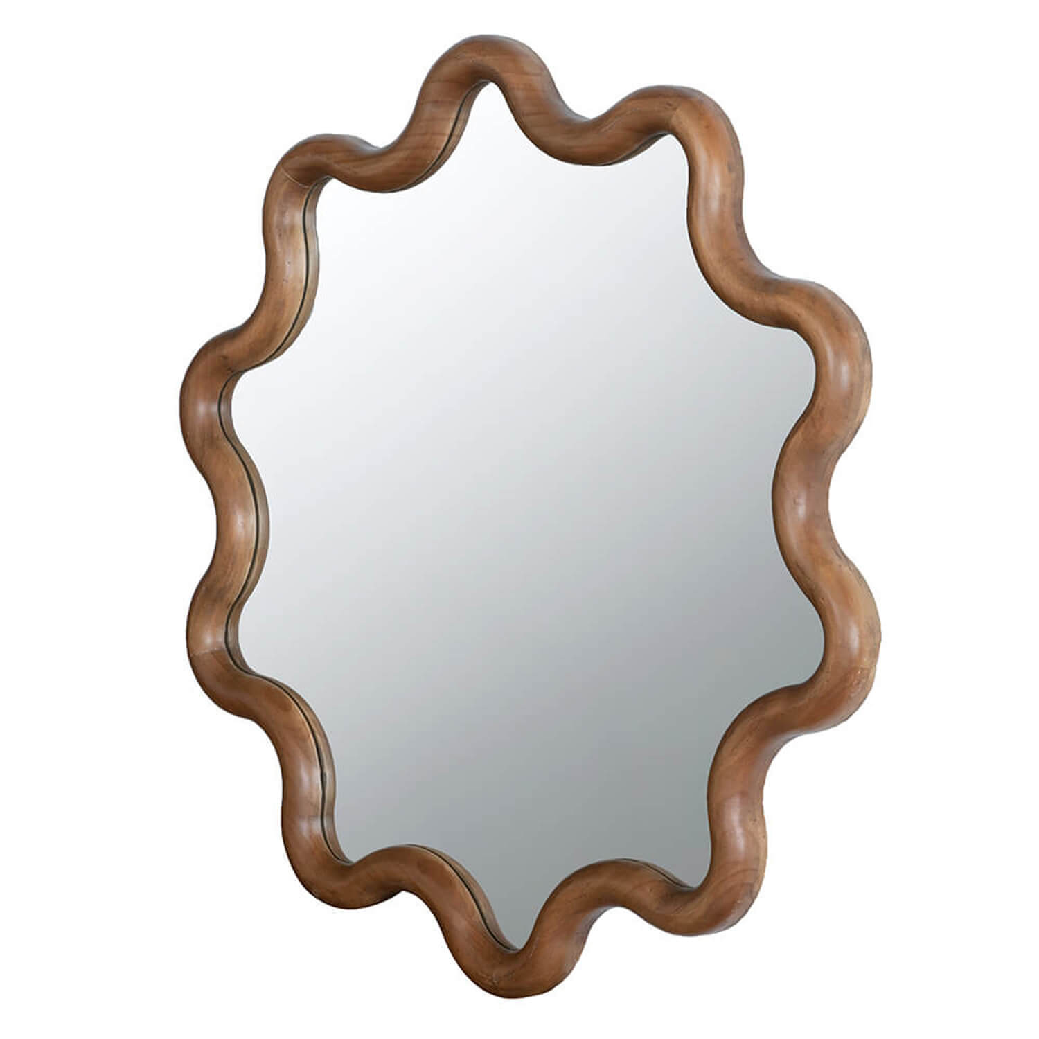 Side view of floral scalloped wooden mirror showing depth