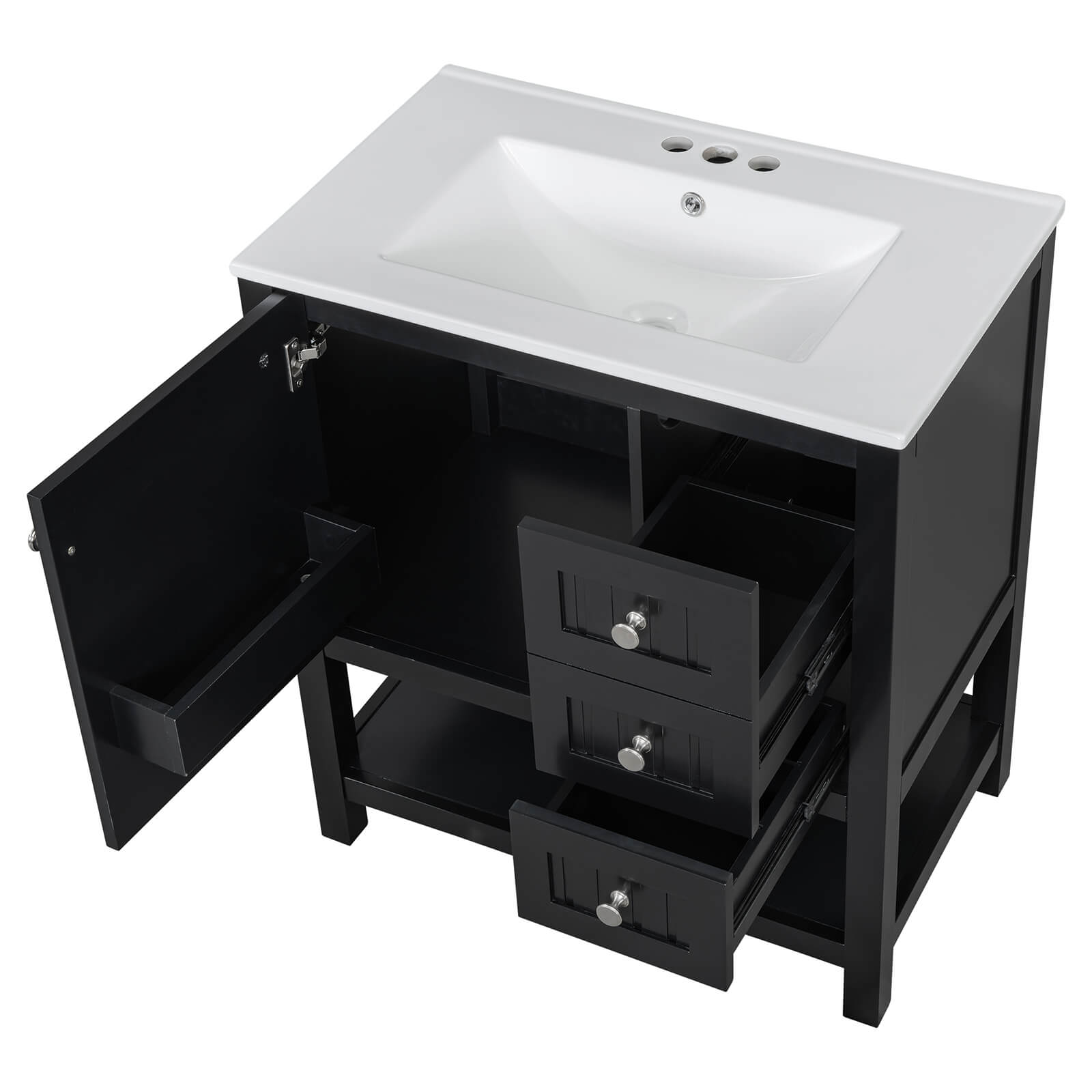 Side view of the black bathroom vanity with storage drawers and open shelf
