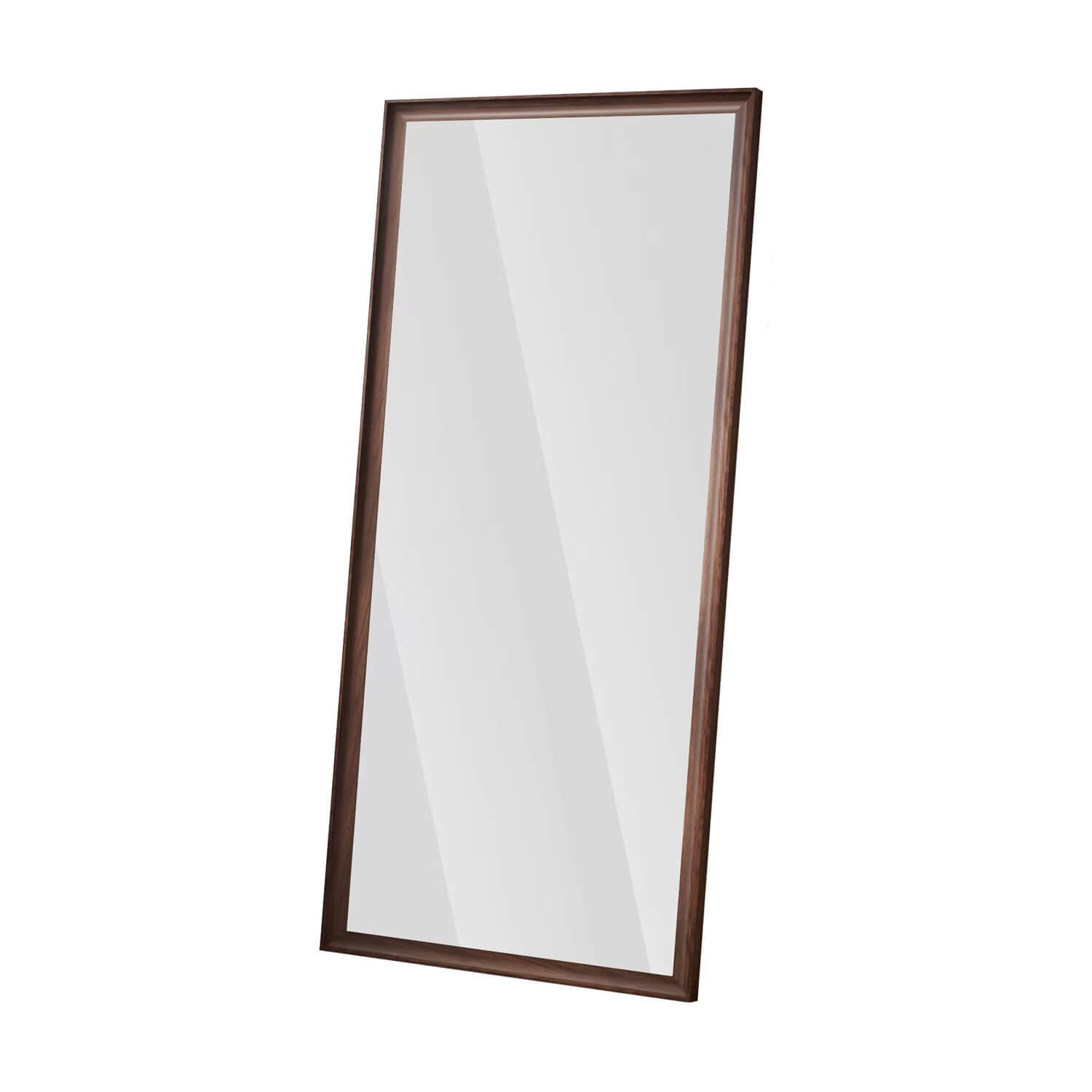 Side view of walnut framed full length mirror plain design