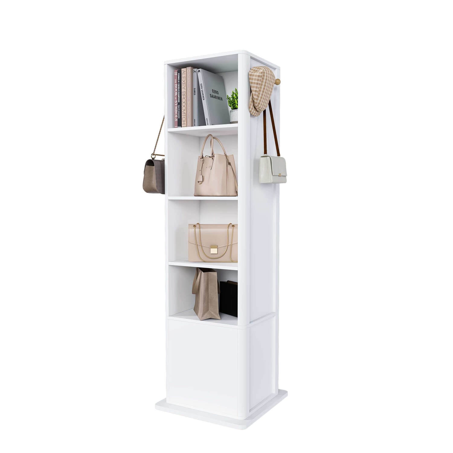 Side view of white swivel mirror cabinet back with book storage