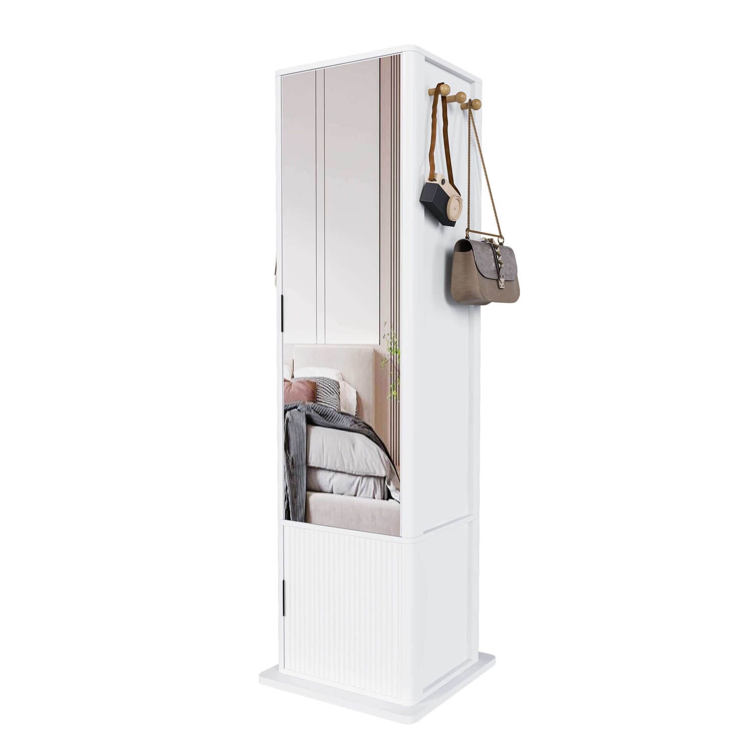 Side view of white swivel mirror cabinet with hooks and reflection