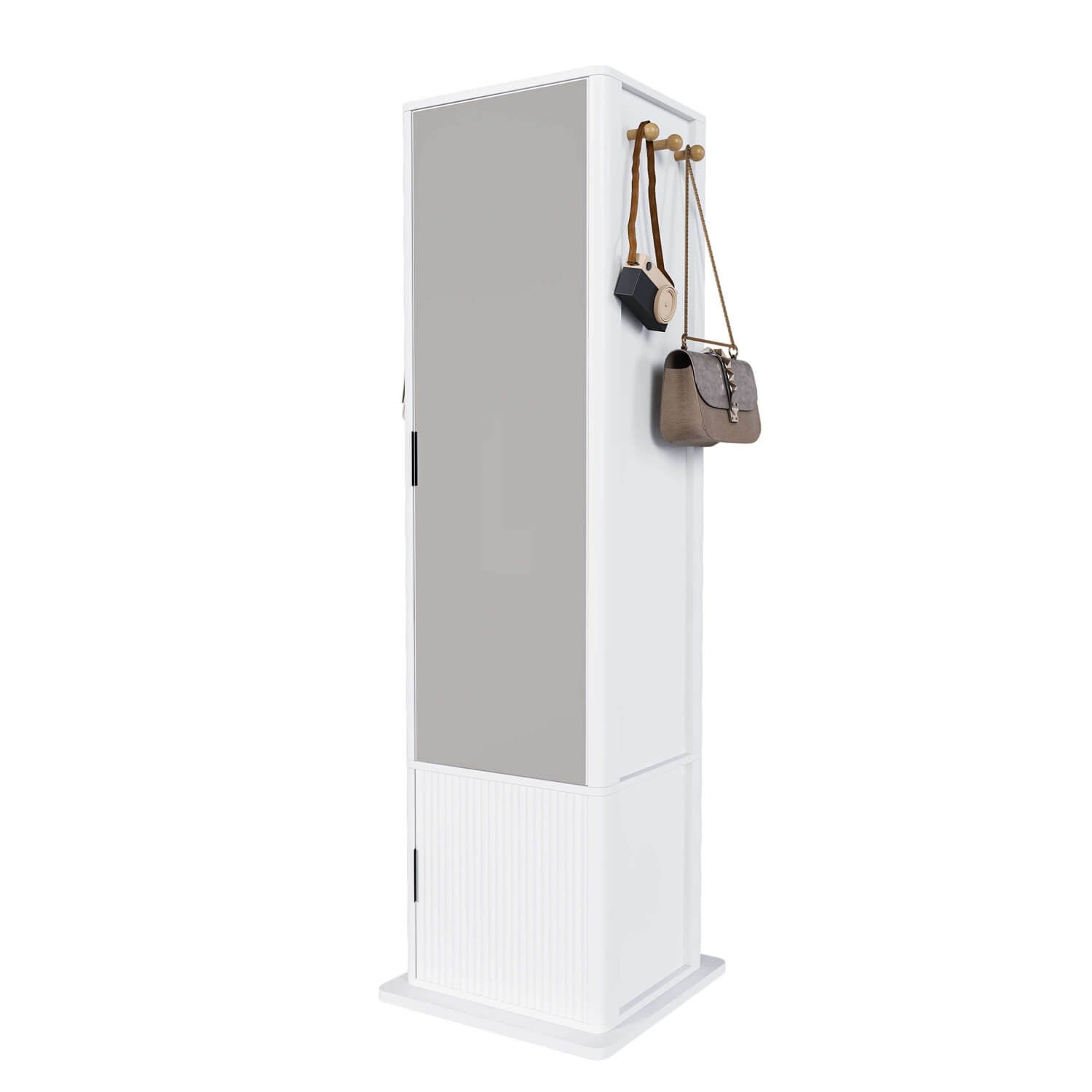 Side view of white swivel mirror cabinet with hooks no reflection