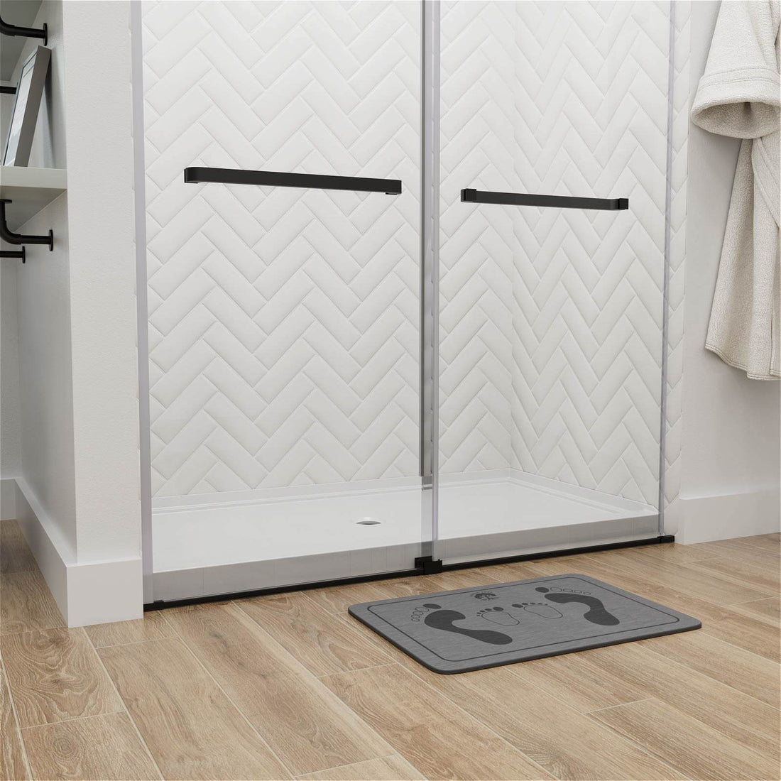 Single threshold white shower base with low entry design